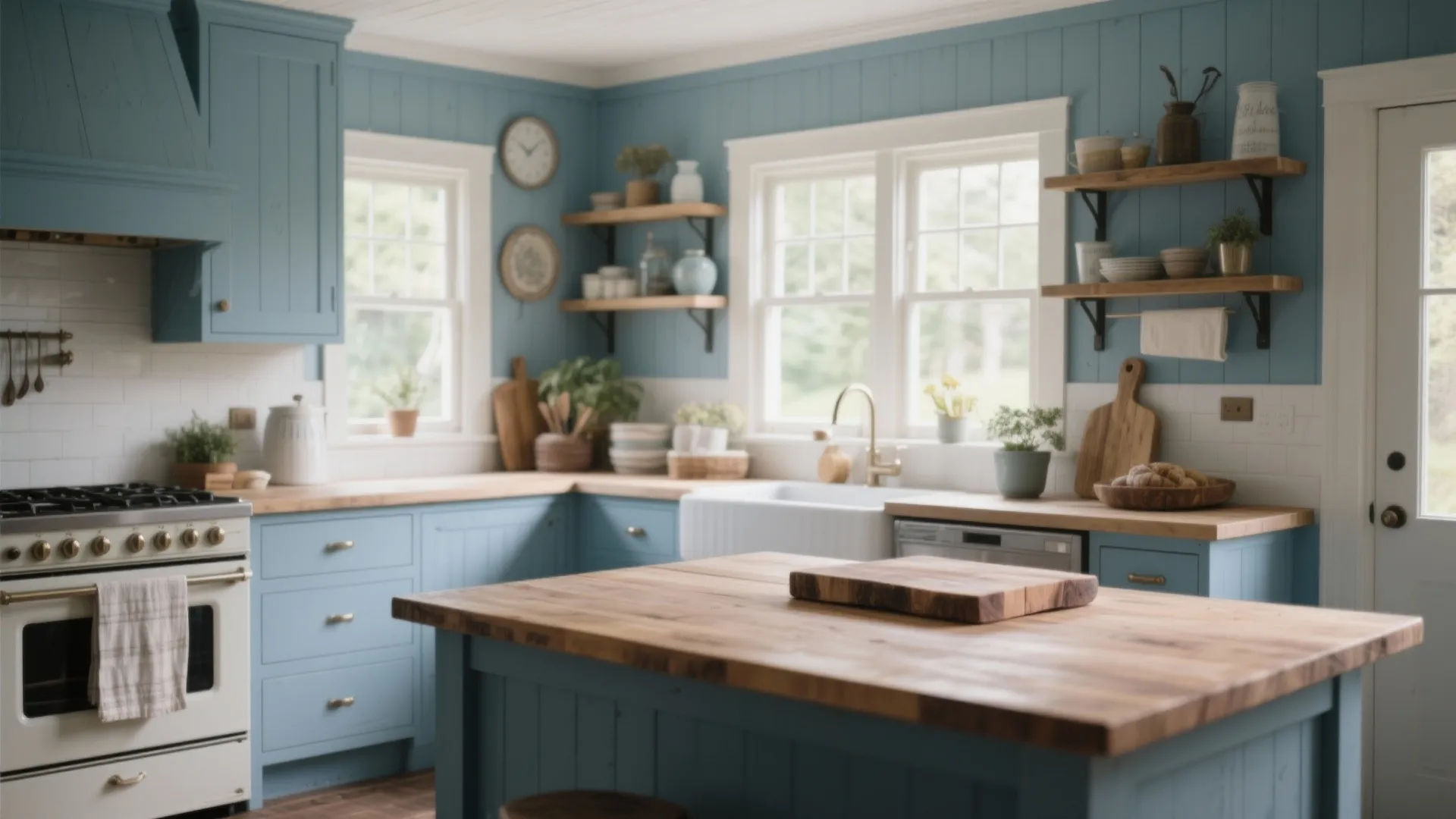 Country style kitchen with blue cabinets wood island white stove open shelves and large glass windows