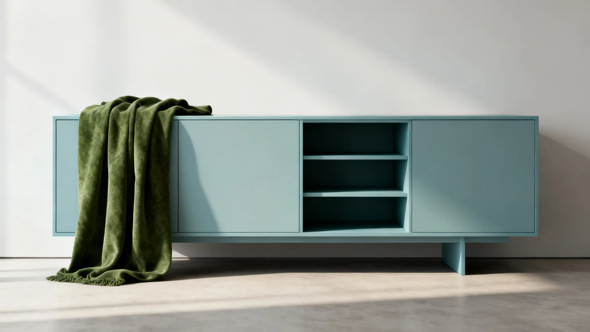 Minimalist living area with duck-egg blue console and moss-green textiles