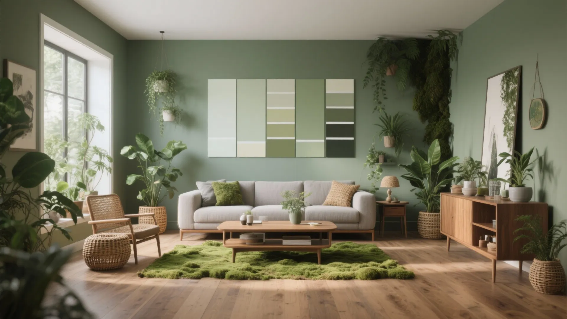 Modern green living room with grey sofa wooden coffee table moss rug and many indoor plants