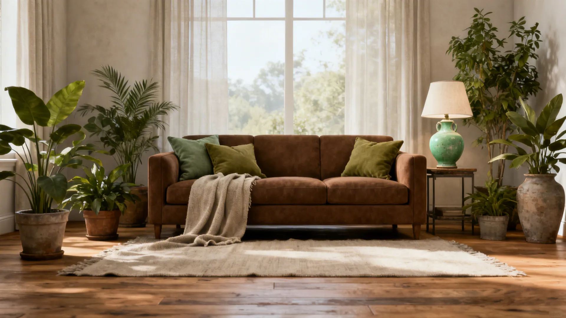 Brown couch with sage and olive accents, vintage lamp and potted plants in a muted earth-tone living room.