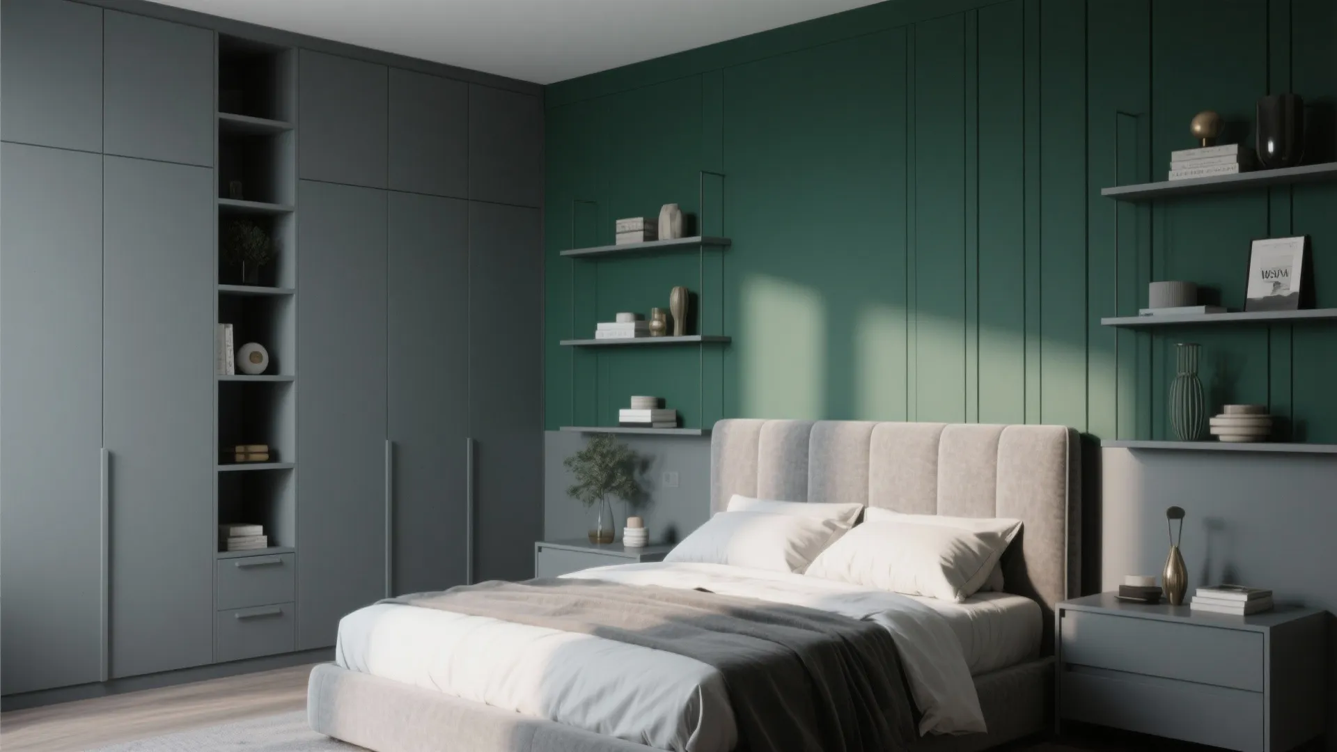 Modern bedroom with green wall panel design grey wardrobes open shelves and a comfortable bed