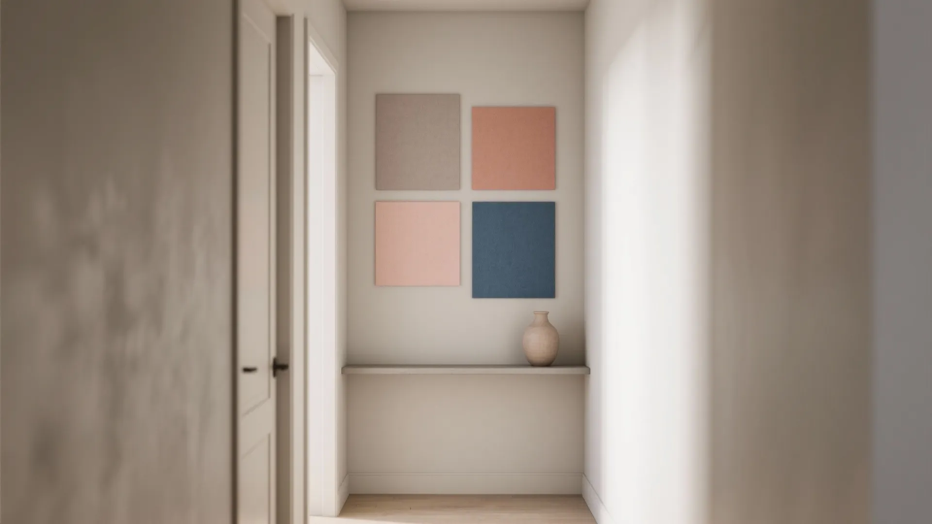 Minimalist hallway featuring four colorful square wall panels above a floating shelf with a vase