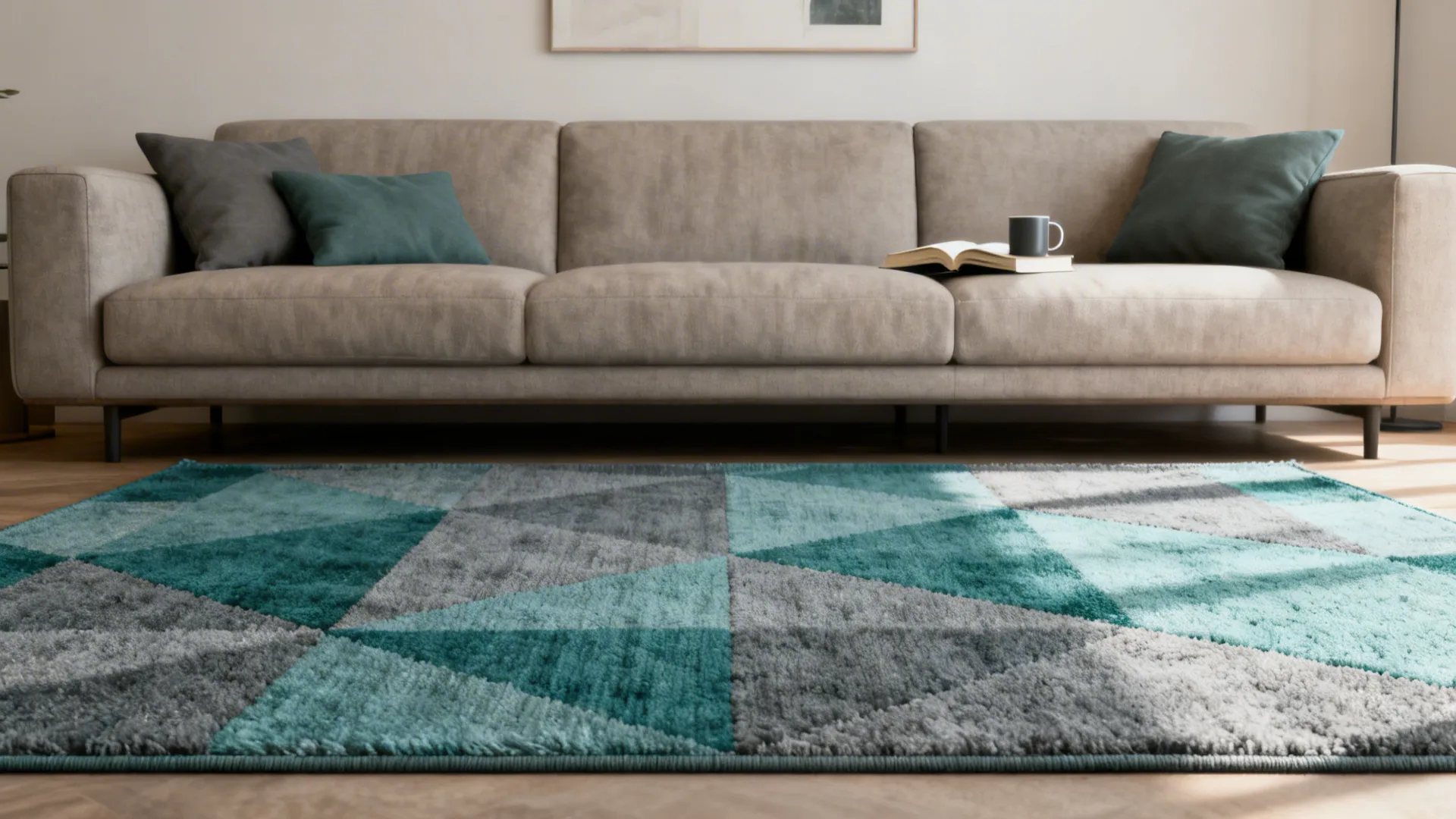 Living room with a muted geometric teal and grey rug complementing neutral sofa and simple decor.
