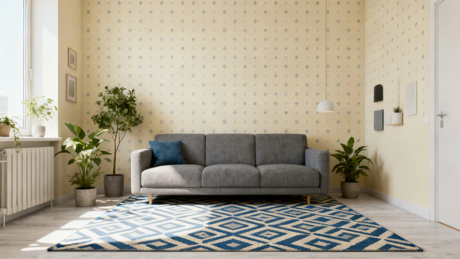 Small living room with a grey sofa and a low-contrast geometric rug in beige and dusty blue pattern.