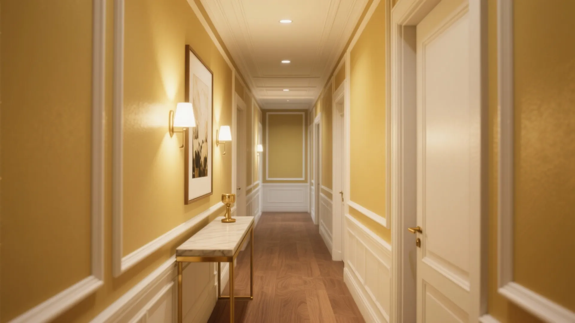 Elegant yellow hallway with wooden floor white wall panel marble table wall light and several doors