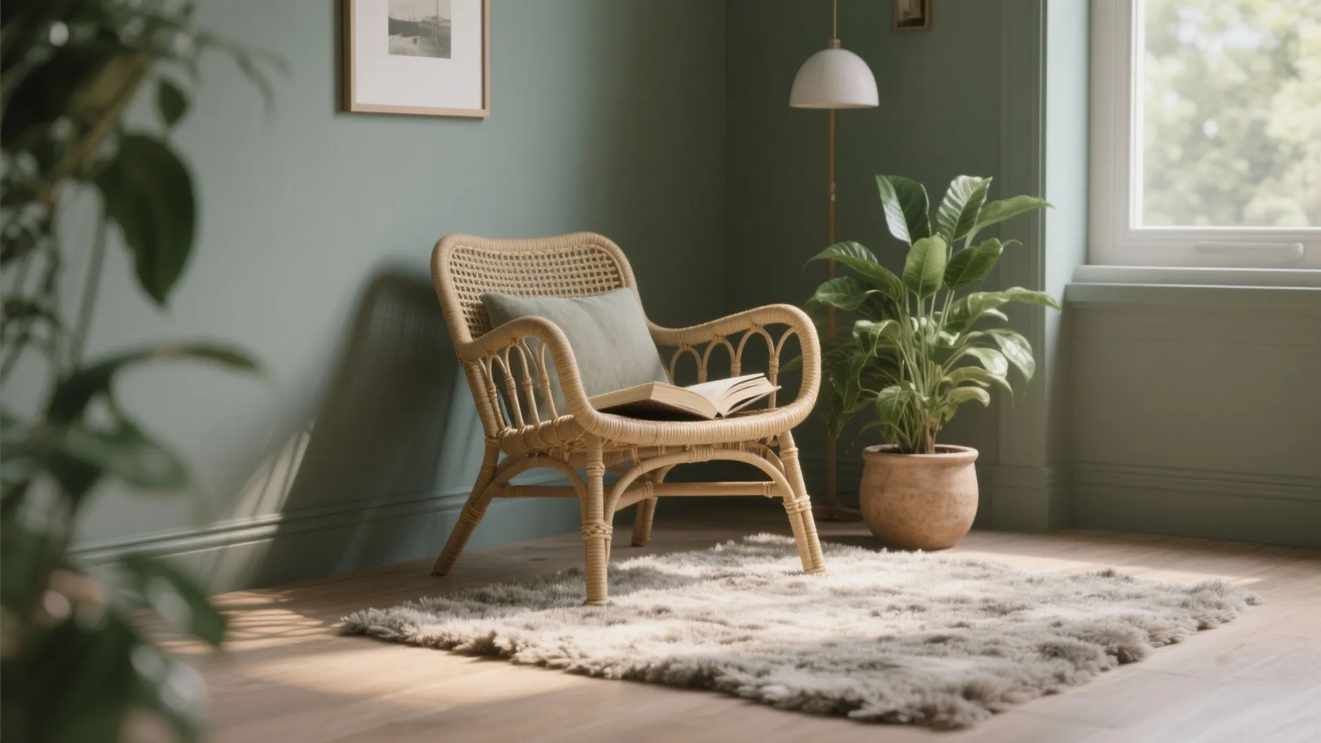 Cozy corner with muted gray-green walls, natural fibers and plants creating a restful feel.