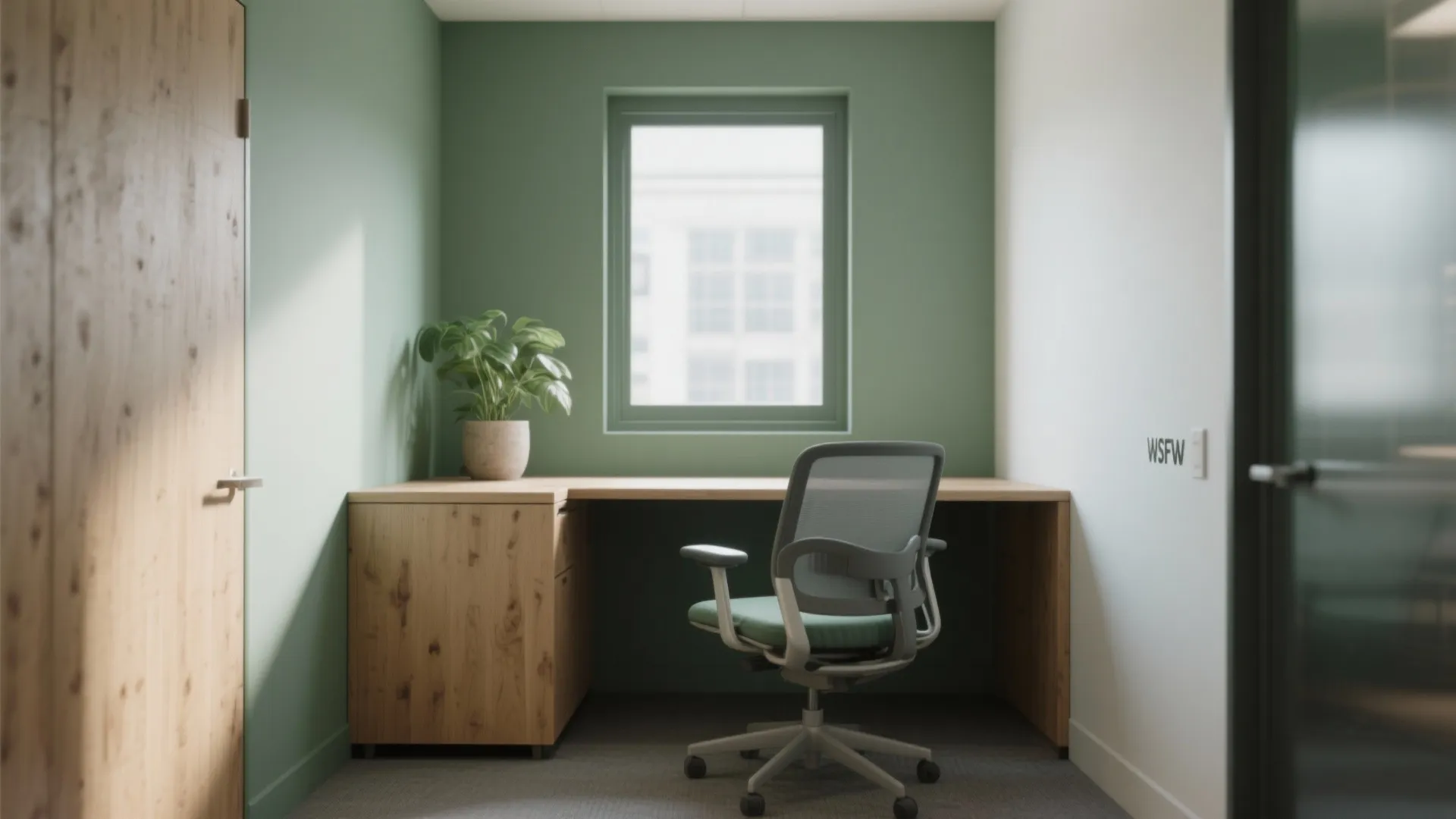 Small office with green walls a wooden desk grey chair potted plant and a window