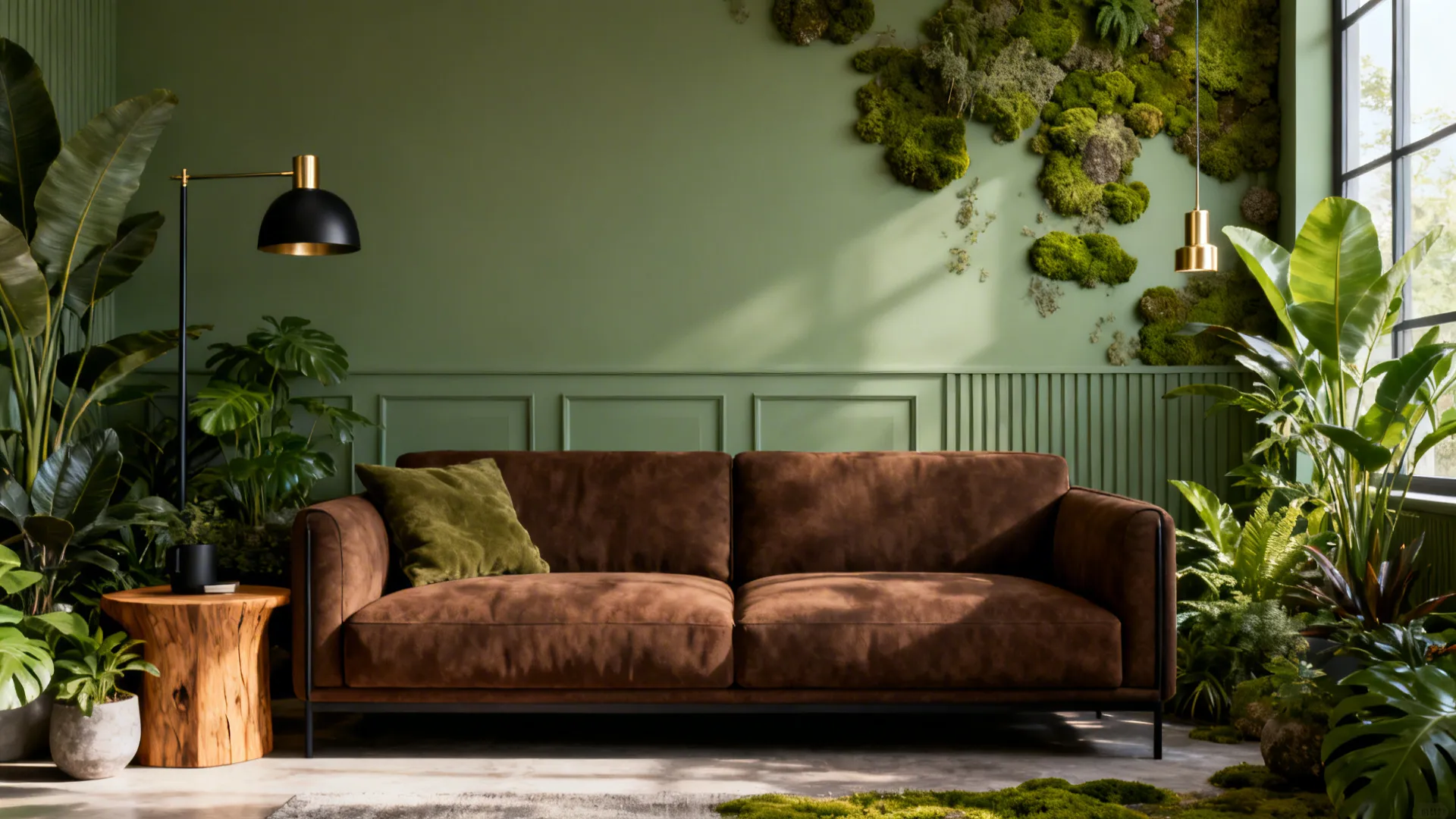 Brown sofa with a sage green accent wall, plants and mixed metal fixtures