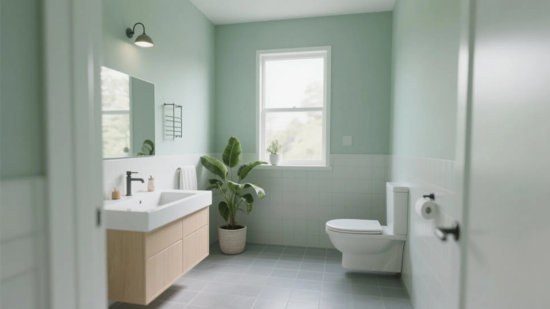 Minimalist light green bathroom with white toilet wood sink cabinet green plant and a wall light