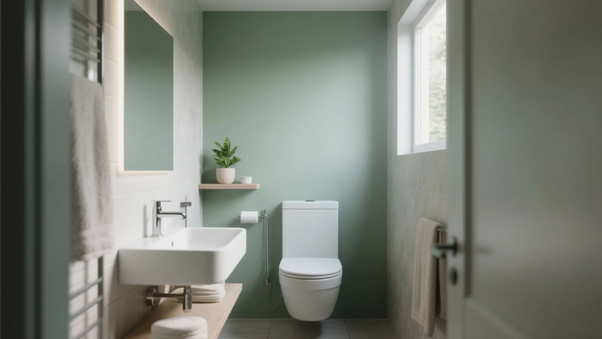 Modern small bathroom with light green walls white sink white toilet and a small window