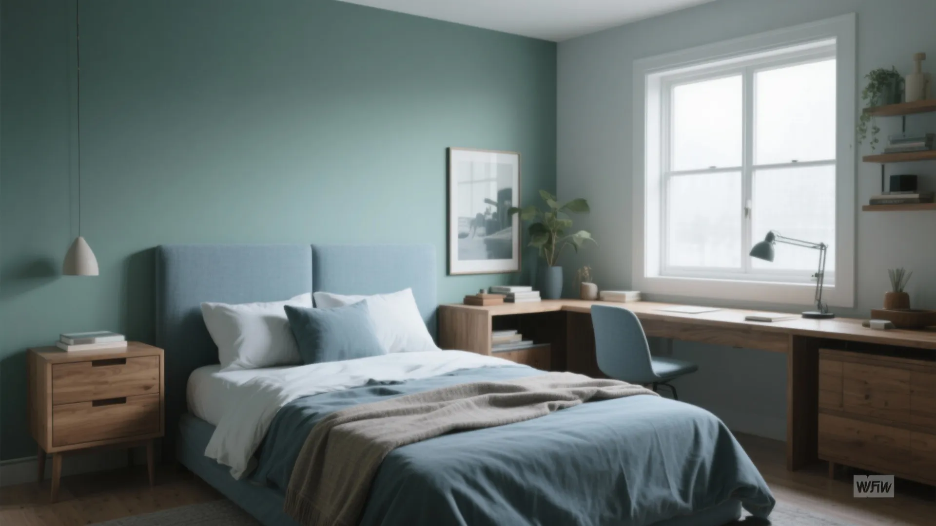 Minimalist bedroom featuring green walls blue bed wooden desk chair window and hanging small light fixture