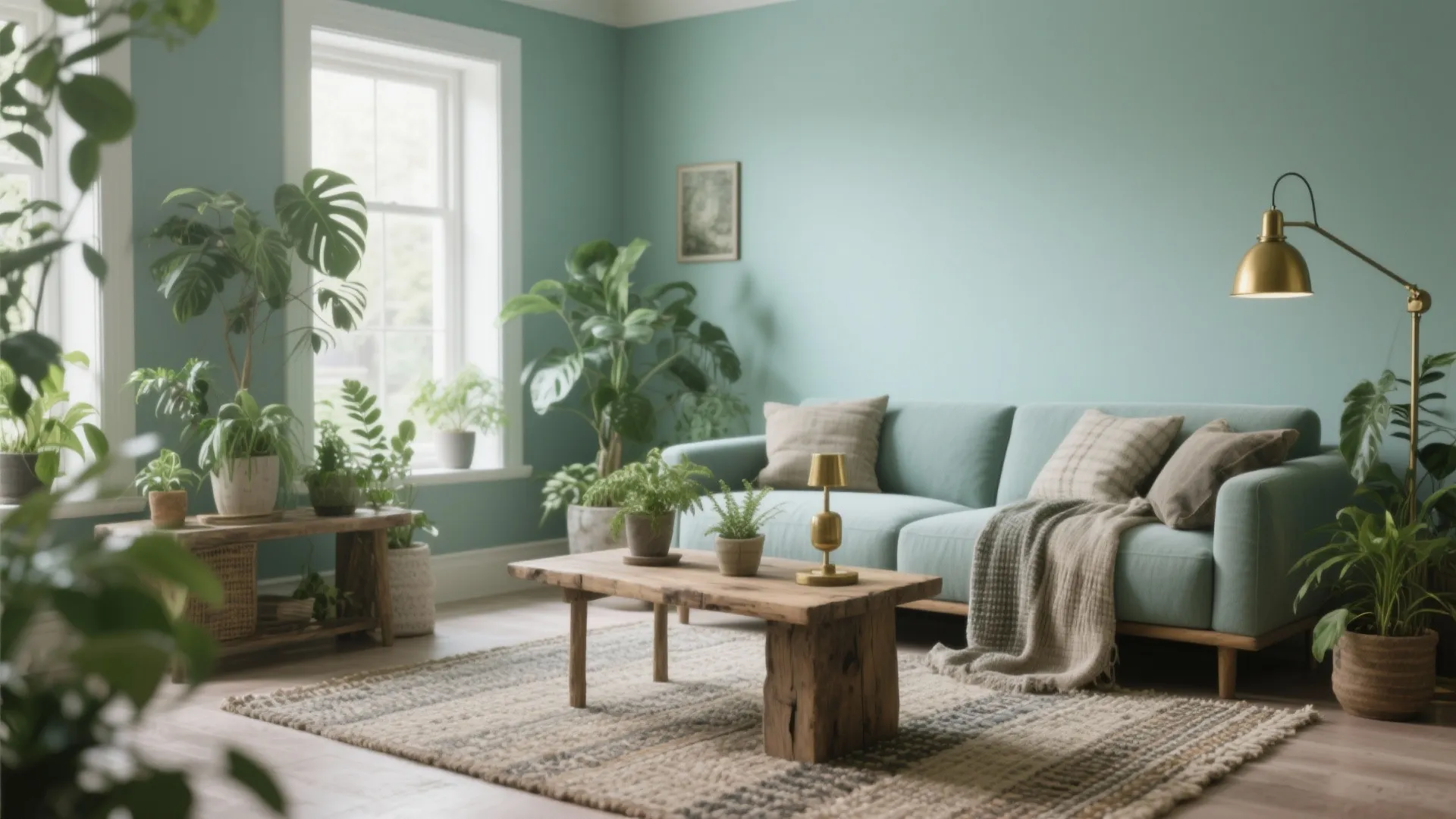 Sage green-blue living area with brass accents, wood table and houseplants