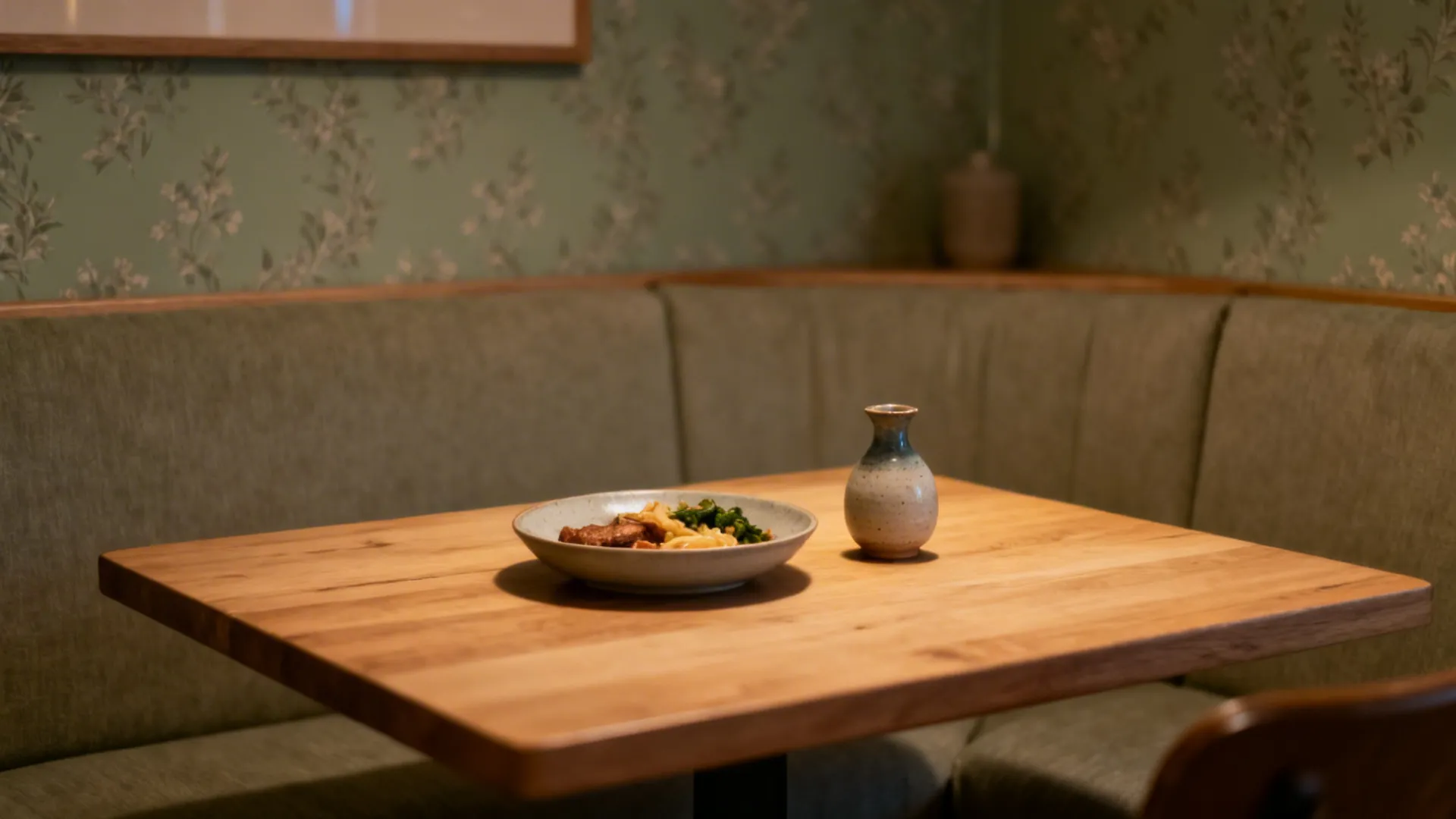 Small dining room in muted sage wallpaper with warm lighting and light oak furniture.