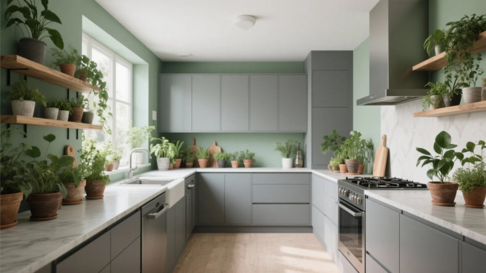 Modern green kitchen with grey cabinets marble countertop many potted plants wood floor and sink