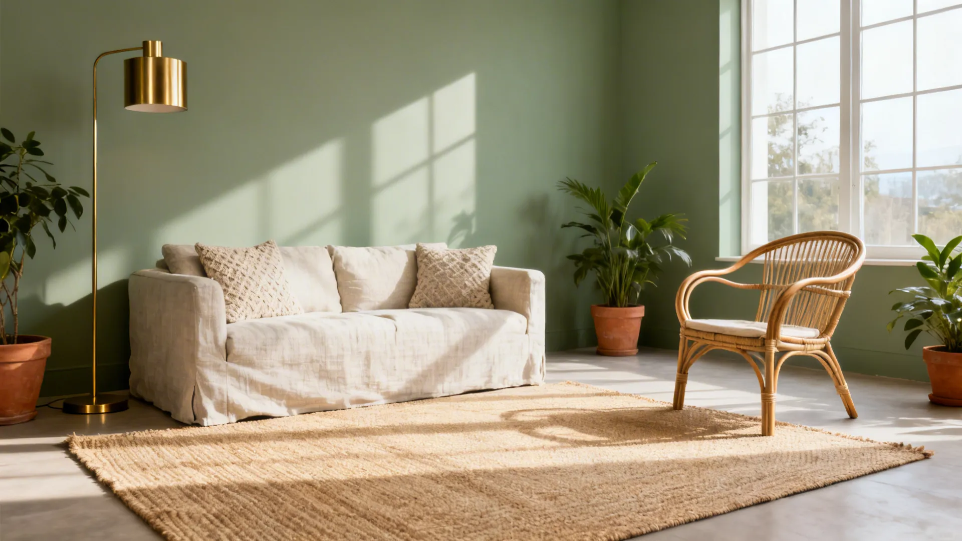 Small living room in muted sage green with rattan furniture and brass accents under soft daylight.