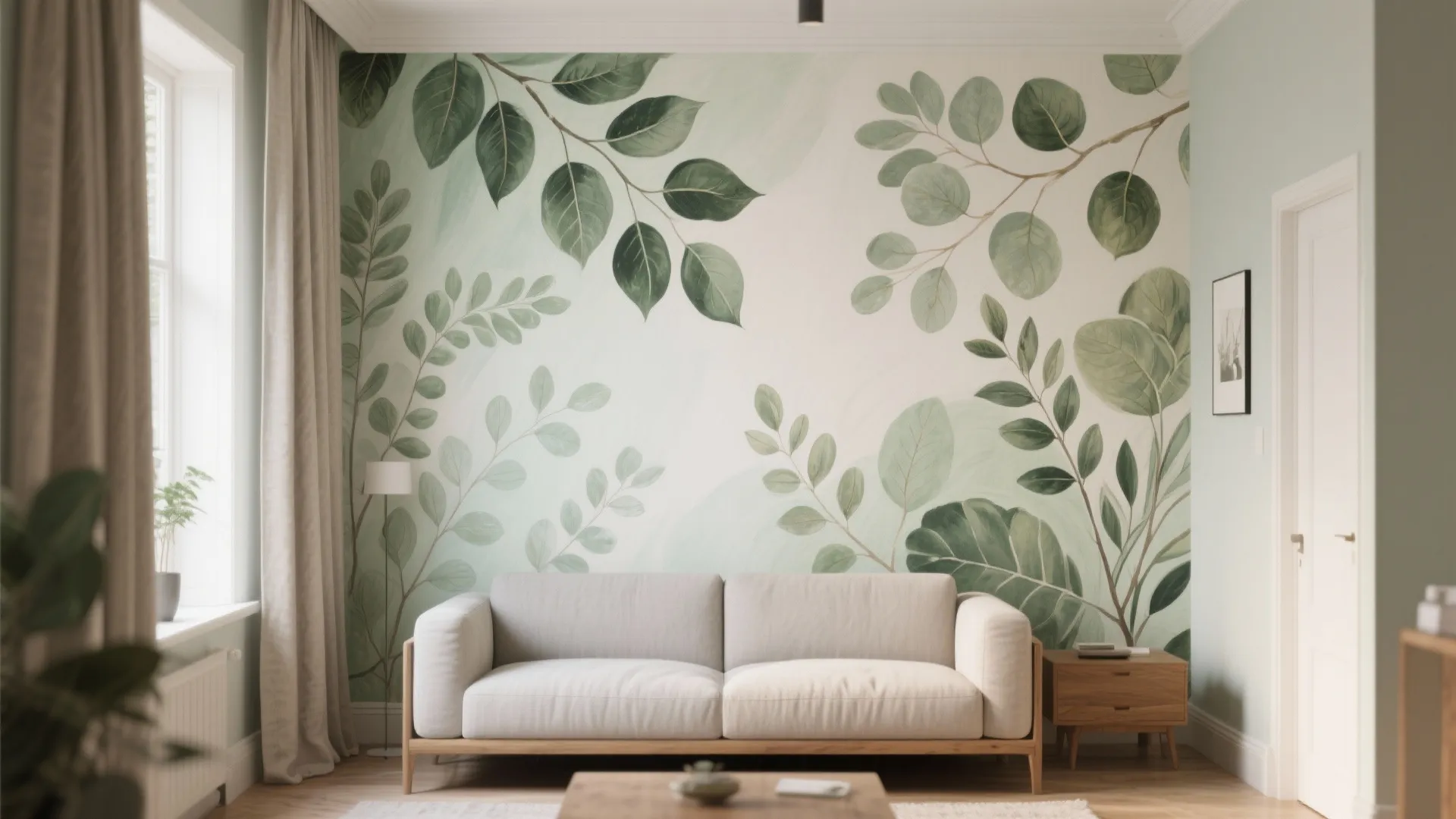 Soft Botanical Mural with Muted Greens