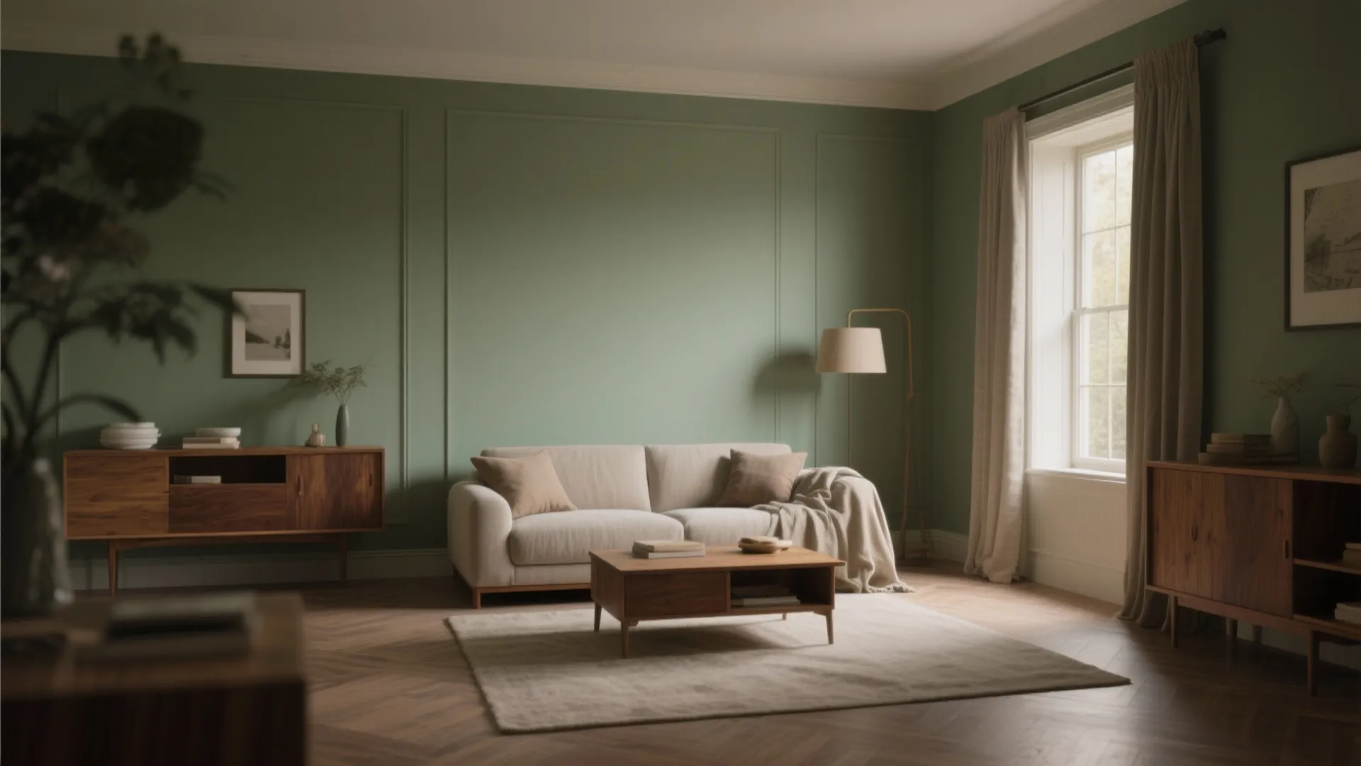 Living room with green wall panels white sofa wooden coffee table floor lamp and curtains