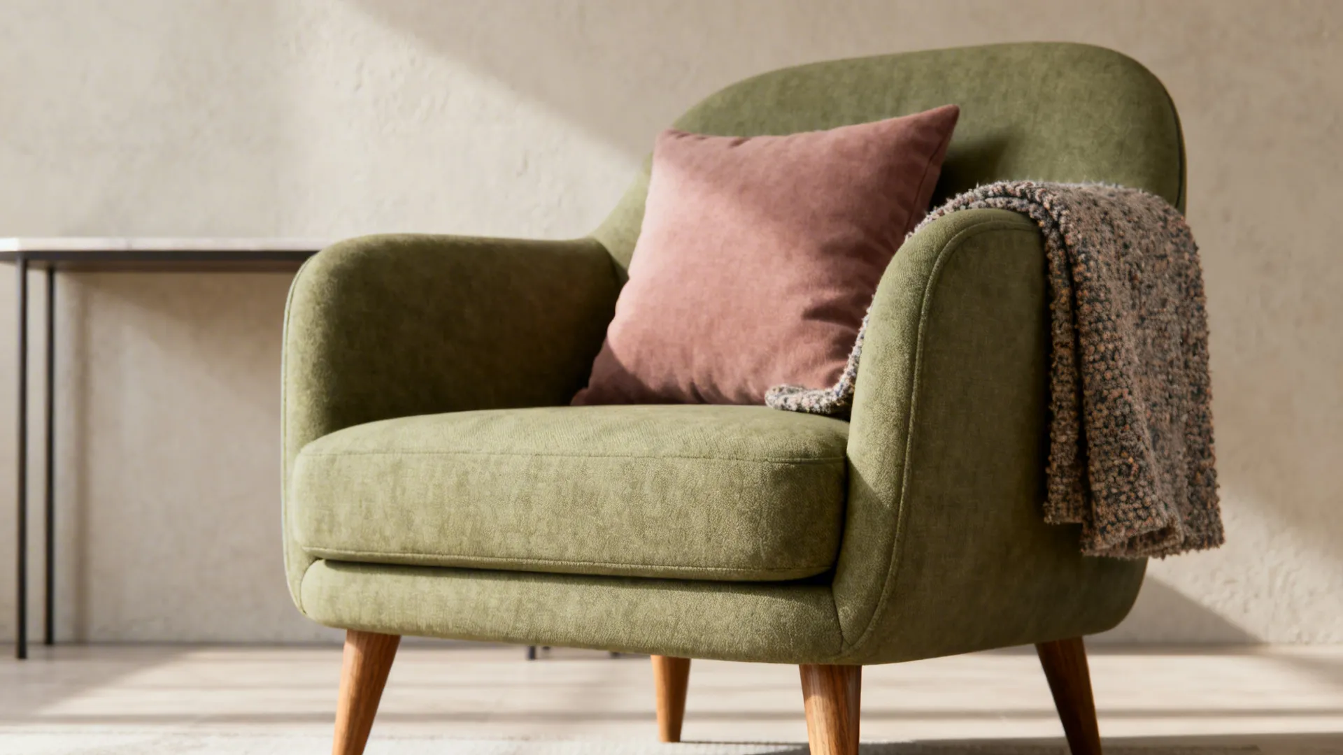 Close-up of a muted sage-green sofa with a dusty-pink cushion and boucle throw.