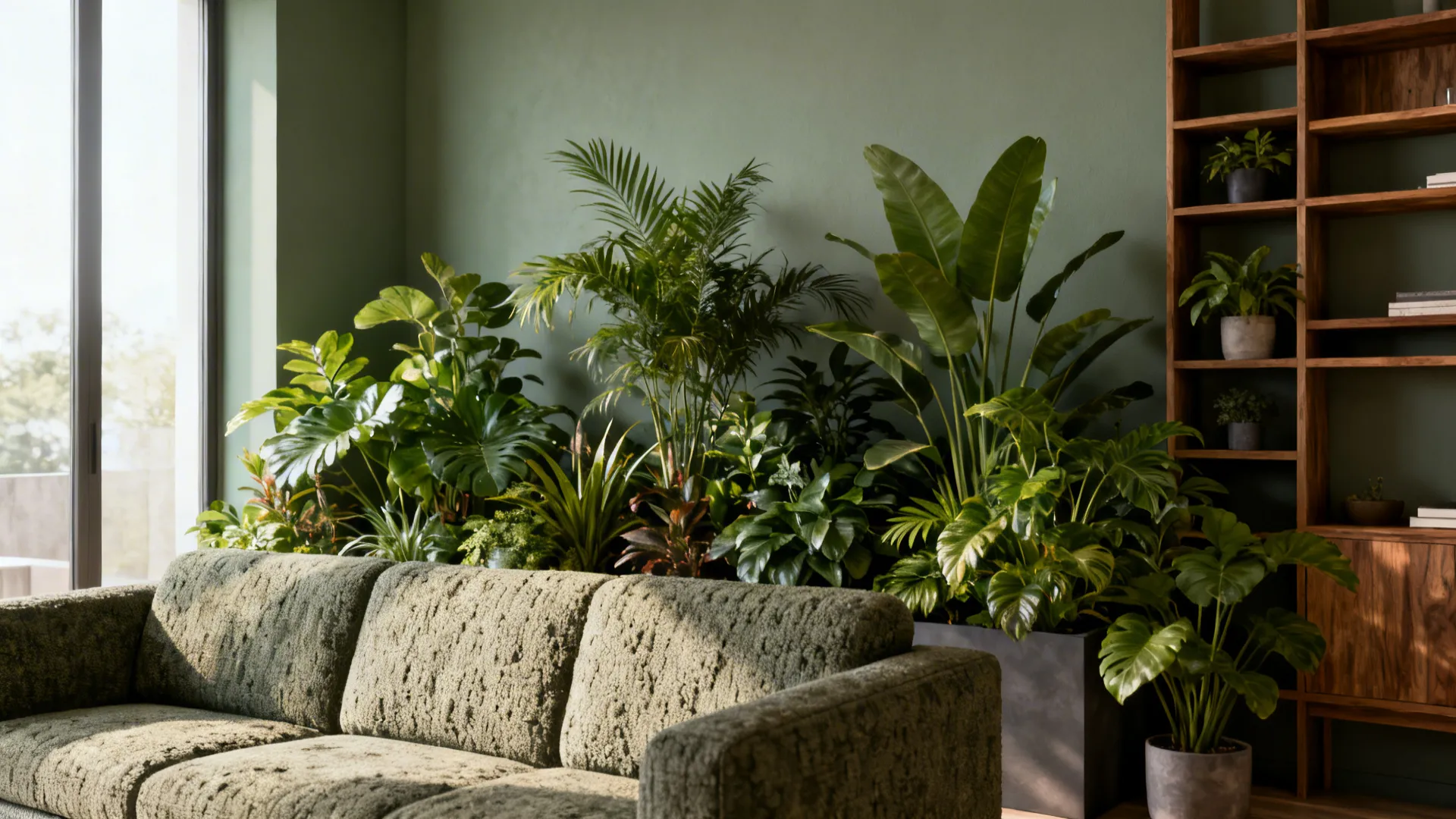 Living room with muted greengray walls, plants and earthy accents.