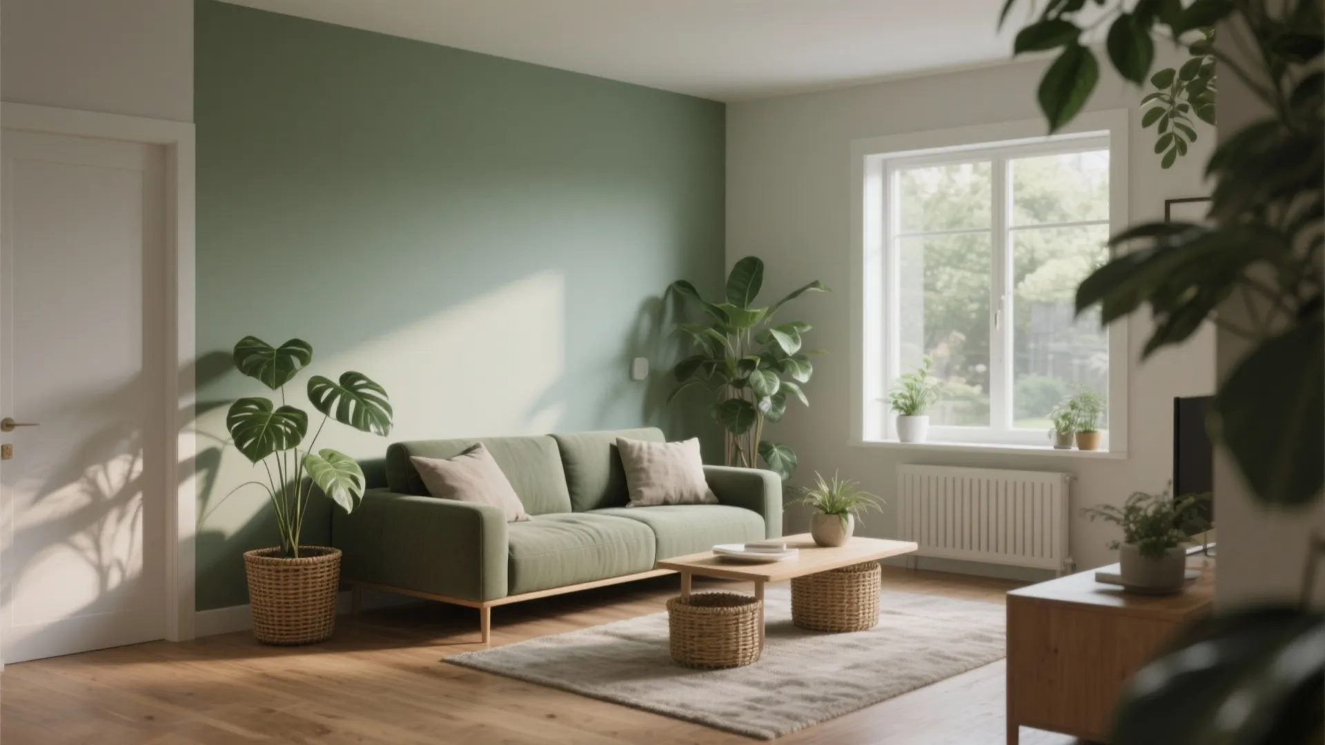 Green living room with green sofa wooden coffee table potted plants and bright morning window light