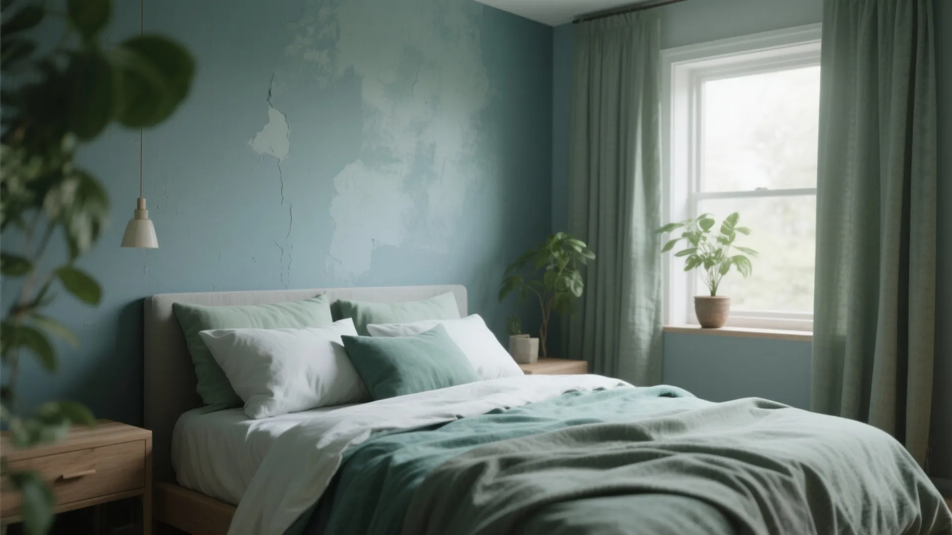 Muted green bedroom interior featuring a textured wall white bedding wooden nightstand and natural light
