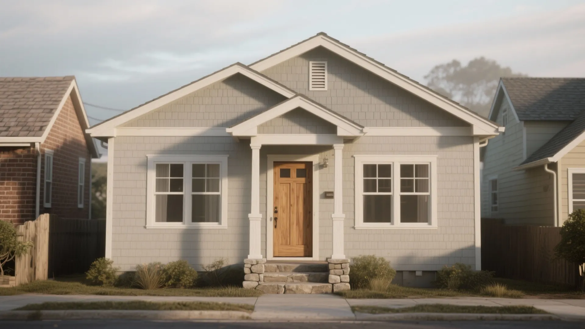Light grey single family home with wooden front door and small stone porch during daytime