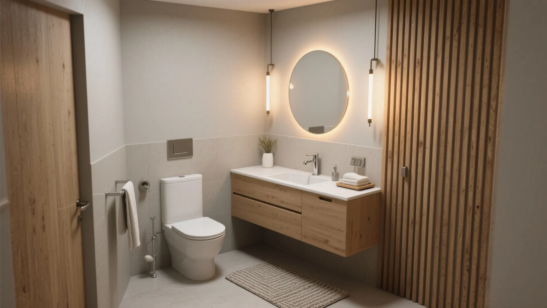Modern greige bathroom with wooden cabinet round mirror toilet and vertical wood panel accent wall