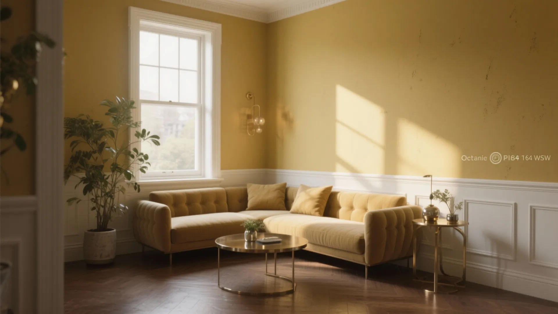 Modern yellow living room with sectional sofa white wall panels coffee table and natural sunlight