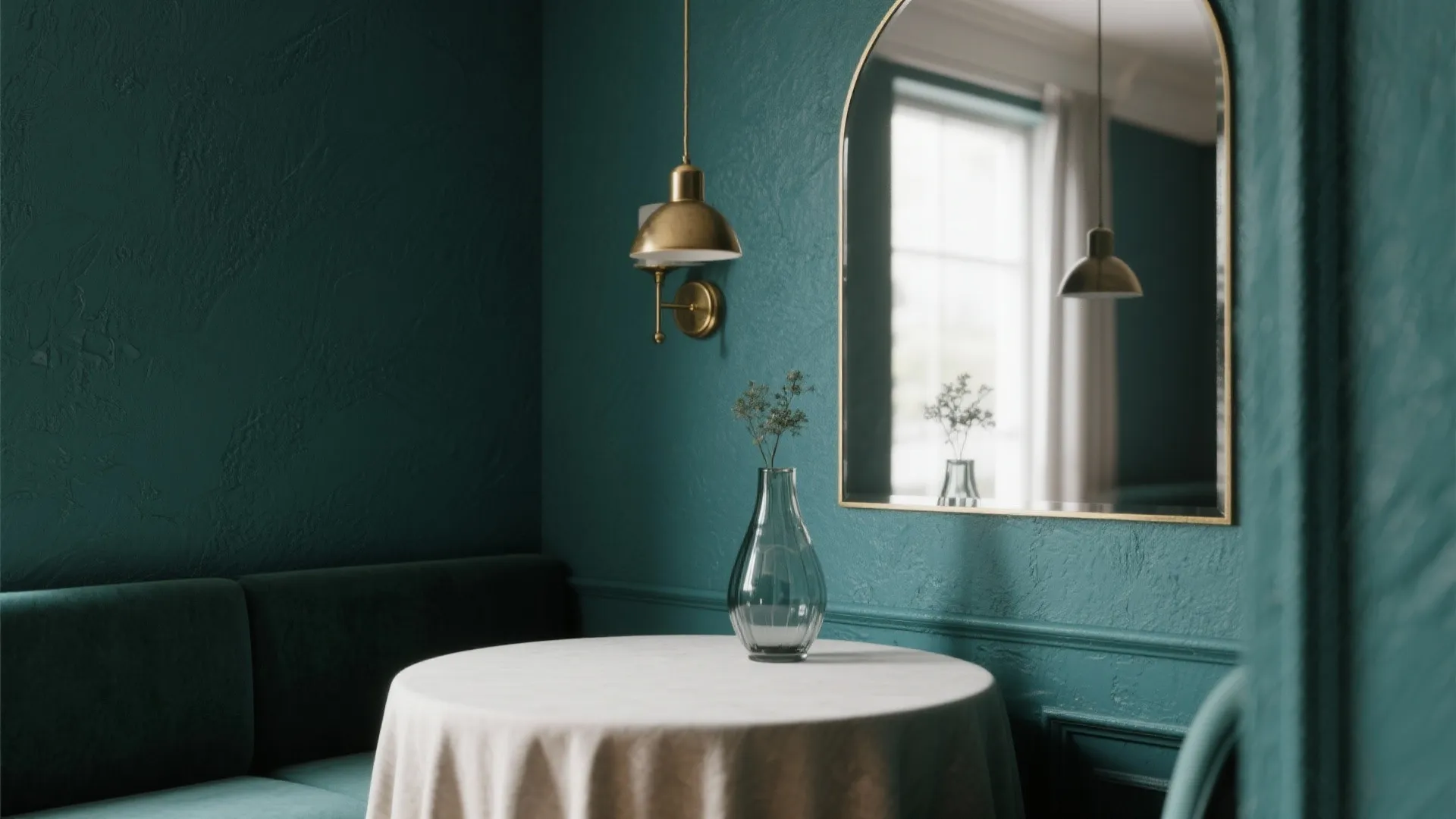 Close-up of a muted teal accent wall in a compact dining nook with brass sconce and reflective accents.