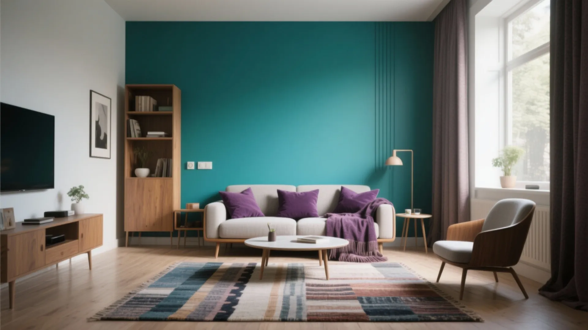 Modern living room with teal wall grey sofa purple pillows wood floor and patterned rug