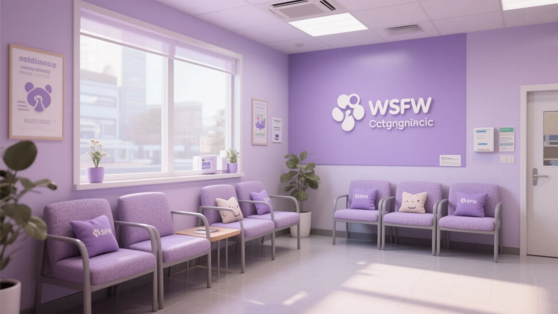 Veterinary waiting area with muted lavender walls and coordinated seating