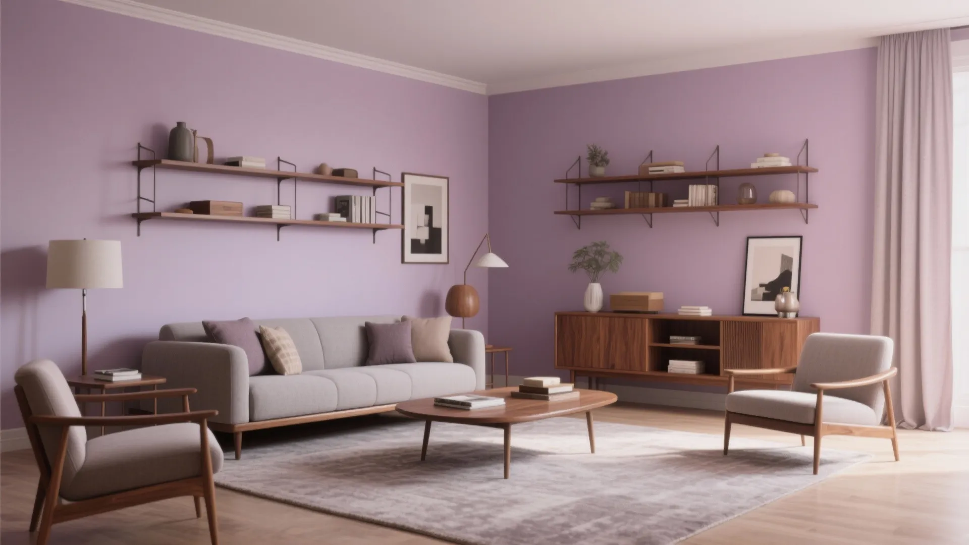Modern living room with purple walls grey sofa wooden coffee table two armchairs and shelves