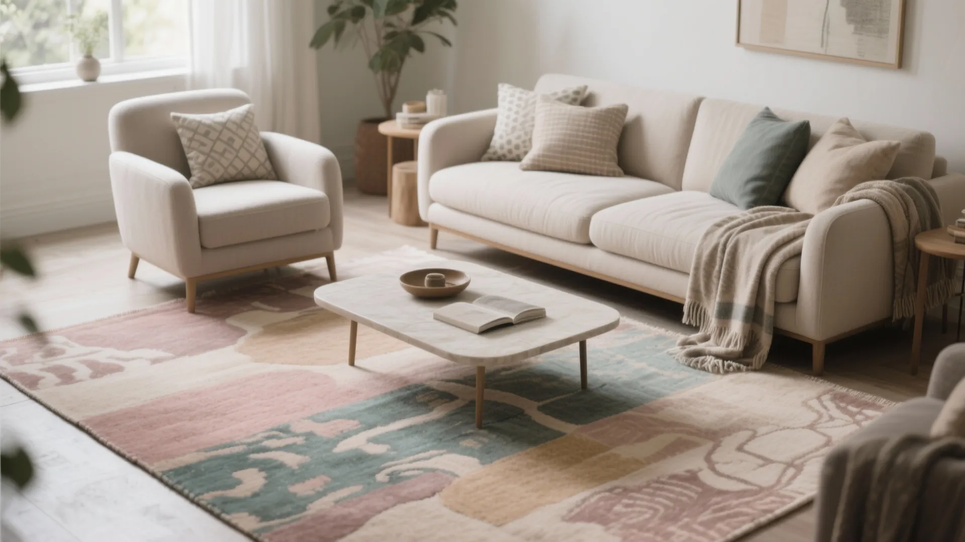 Calm living room anchored by a muted multicolor rug tying neutral furniture together.
