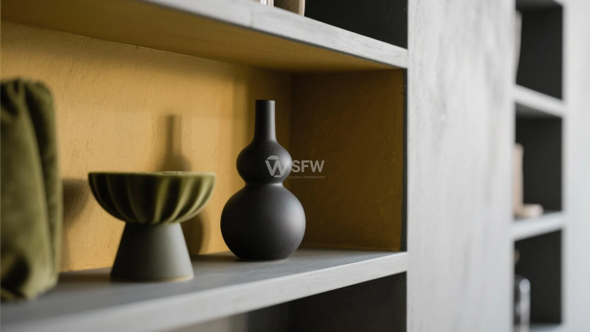 Modern shelf with a black vase and green bowl against a yellow and grey wall