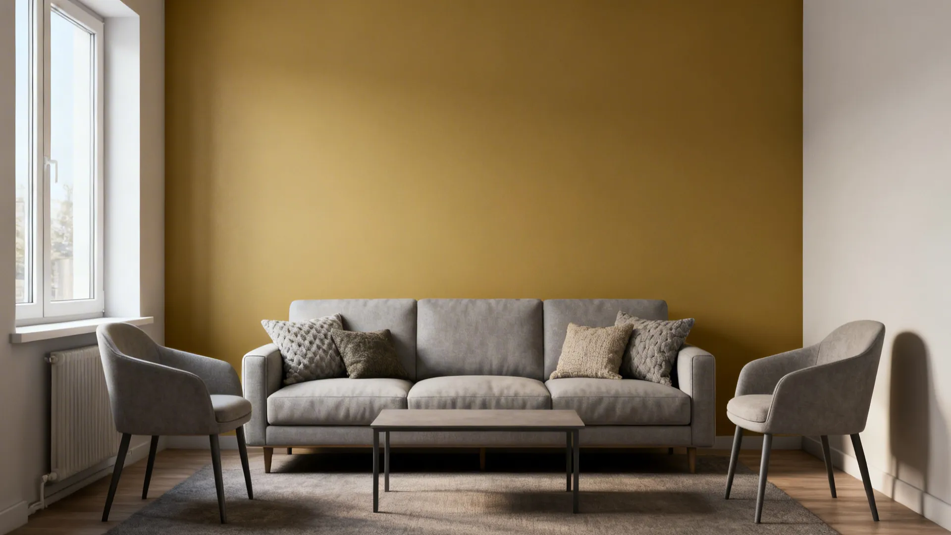 Small living room with a muted mustard accent wall and neutral furniture.