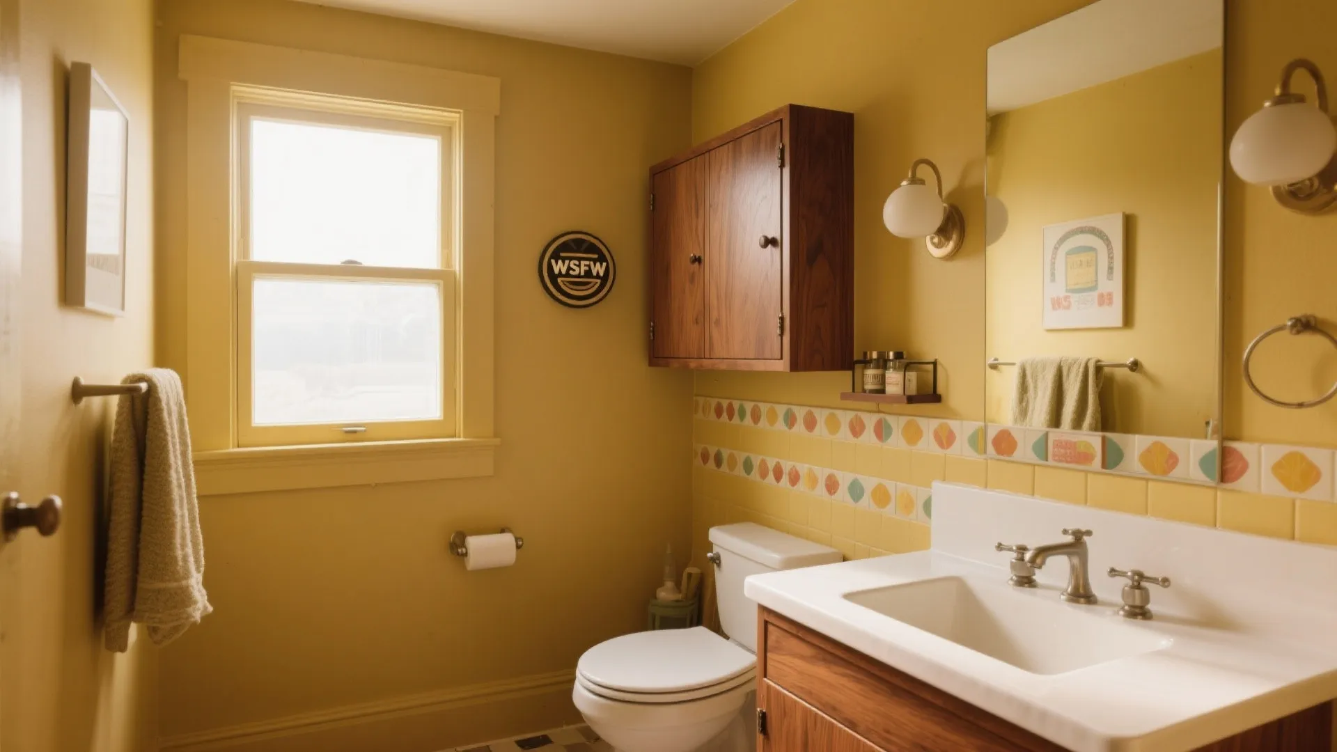 Vintage yellow bathroom featuring wood cabinet white sink toilet mirror wall light and small window design