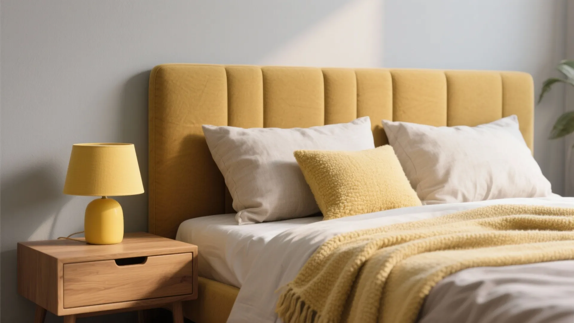1. Soft-grey walls + muted mustard accent