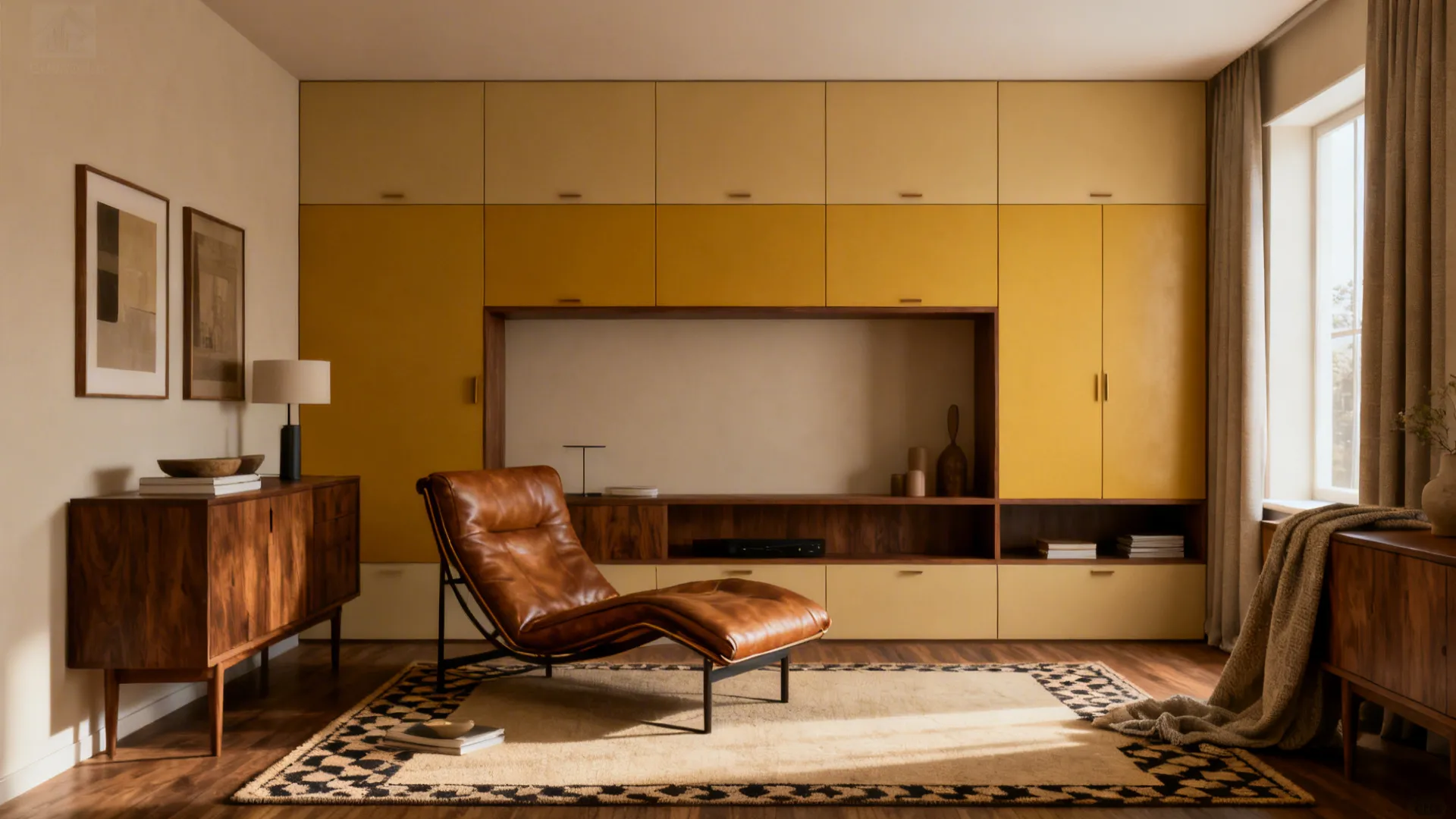 Small living area with muted mustard built-in cabinets, walnut furniture and leather chair
