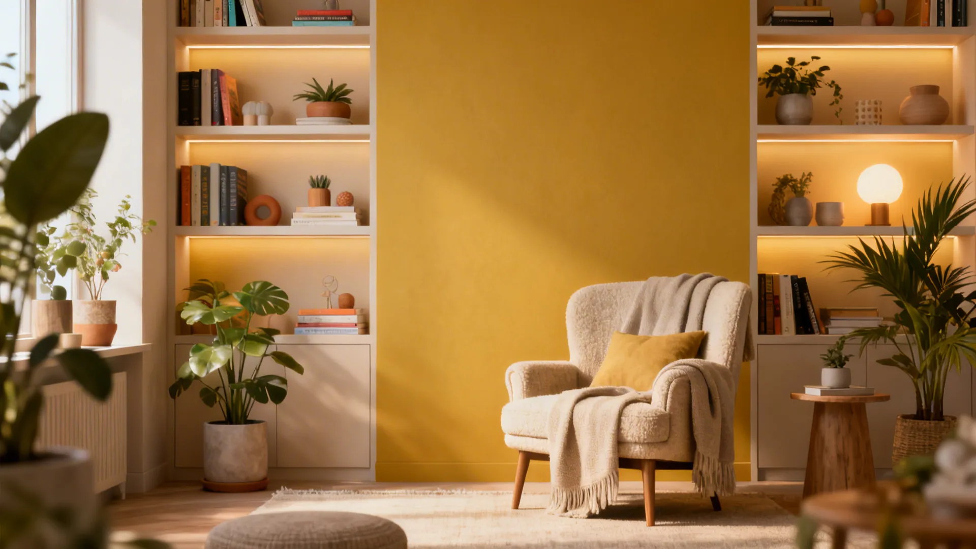 Reading nook with a muted mustard accent wall, cozy armchair and neutral decor