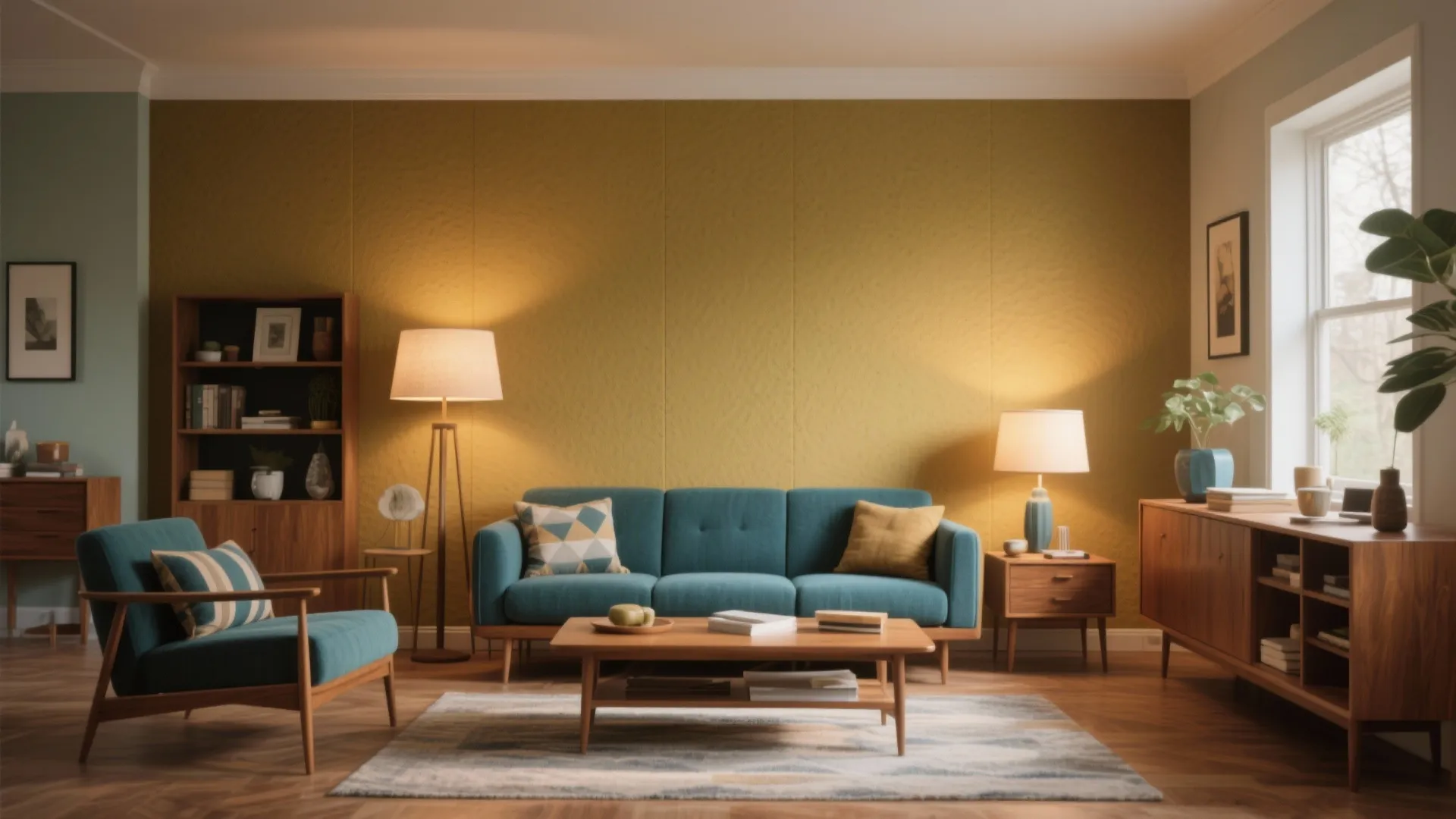 Retro living room with muted mustard wall and vintage furniture