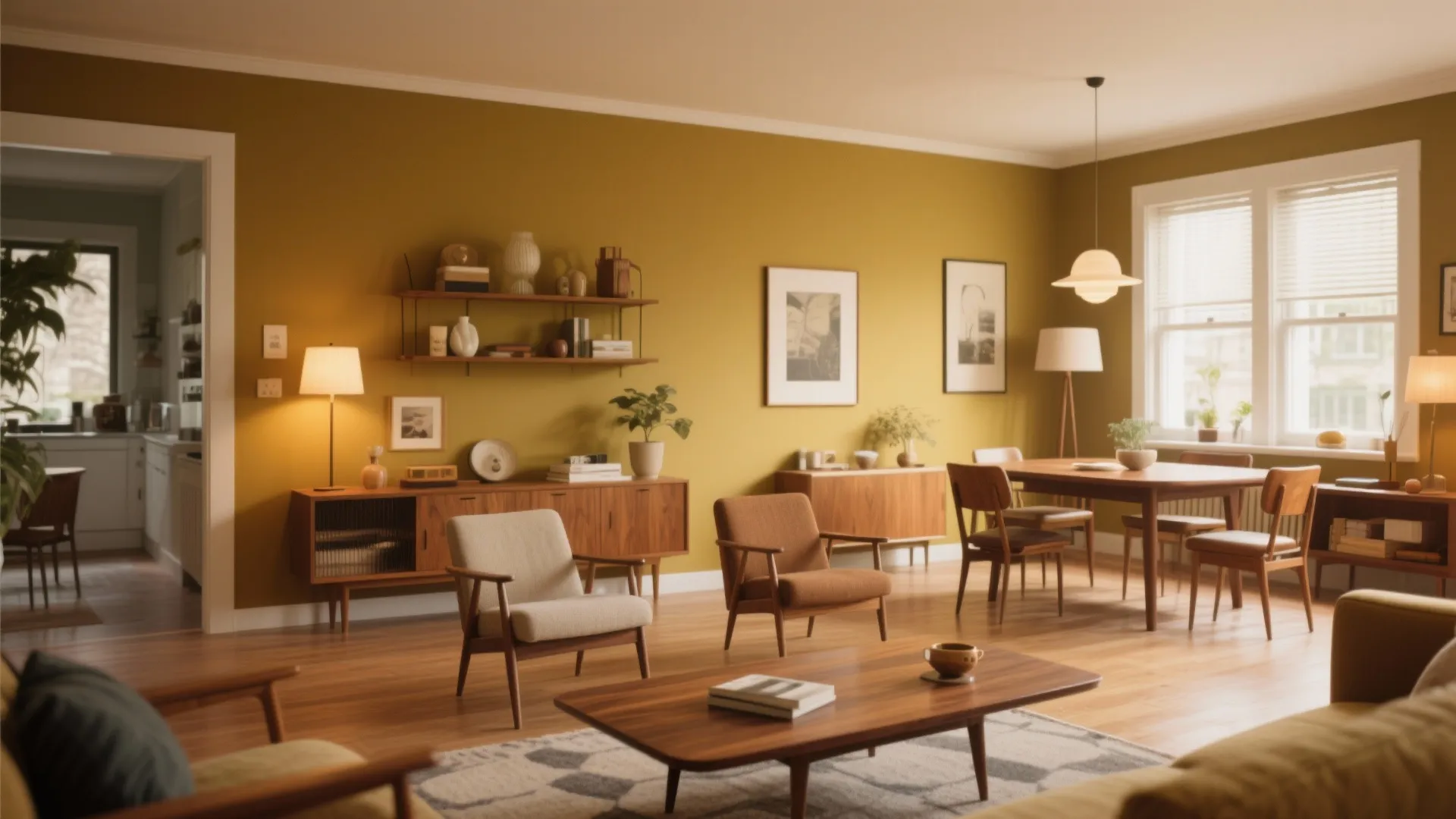 Mid century living room with mustard yellow walls wooden cabinet armchairs ceiling light and dining table