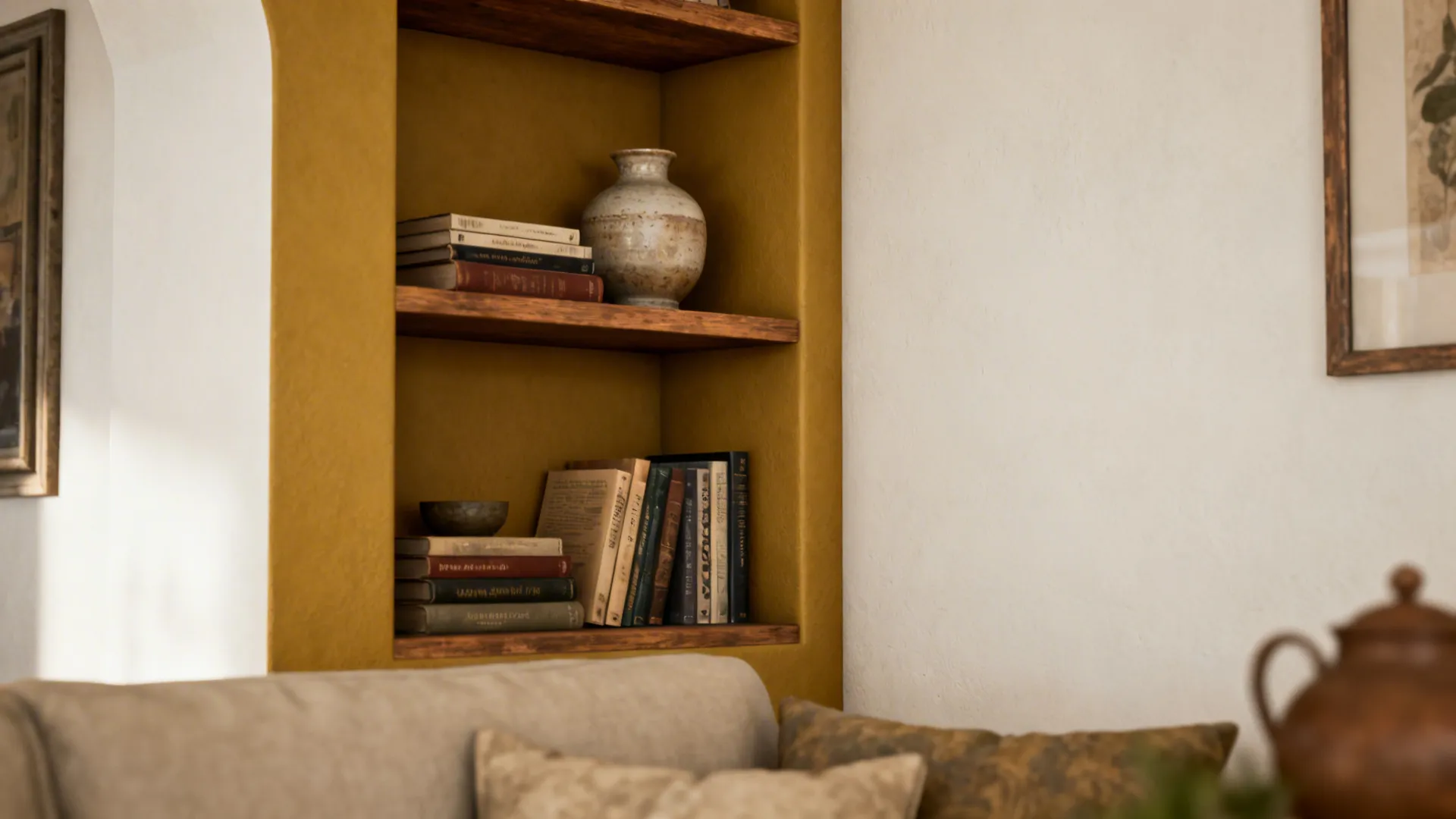 Small muted mustard accent wall next to built-in shelves displaying books and ceramics.