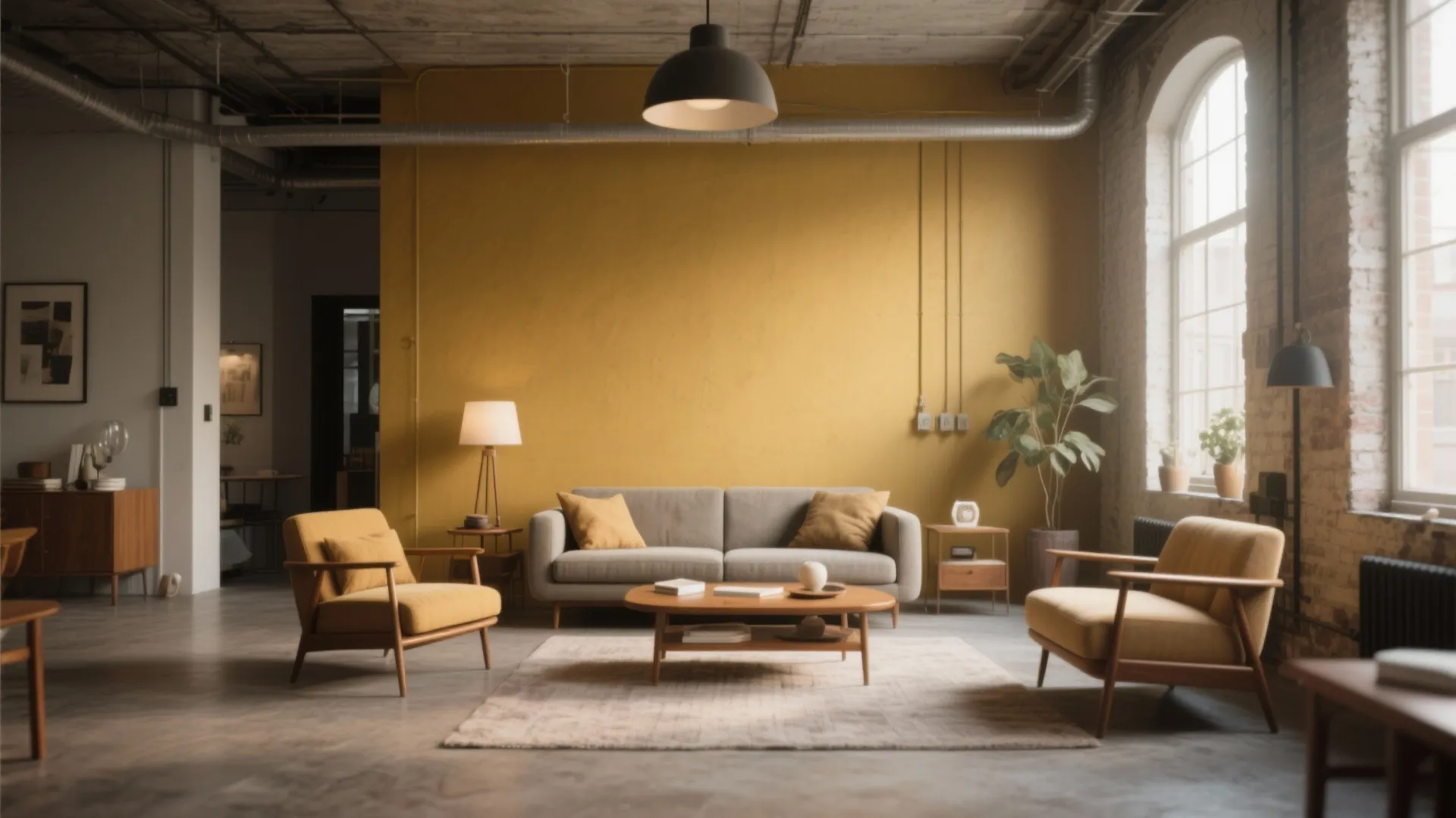 Industrial living room with mustard yellow wall grey sofa two yellow armchairs and ceiling light