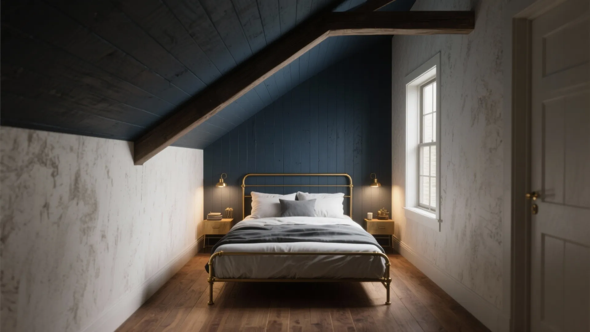Attic bedroom with navy sloped ceiling, gold bed frame, wood floor, bedside tables, and window