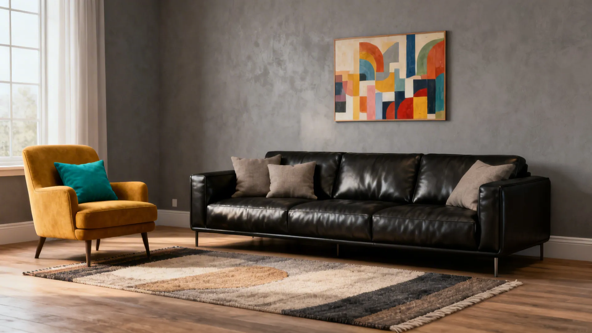 Black leather sofa with muted neutral cushions and a mustard accent chair in a cozy living room