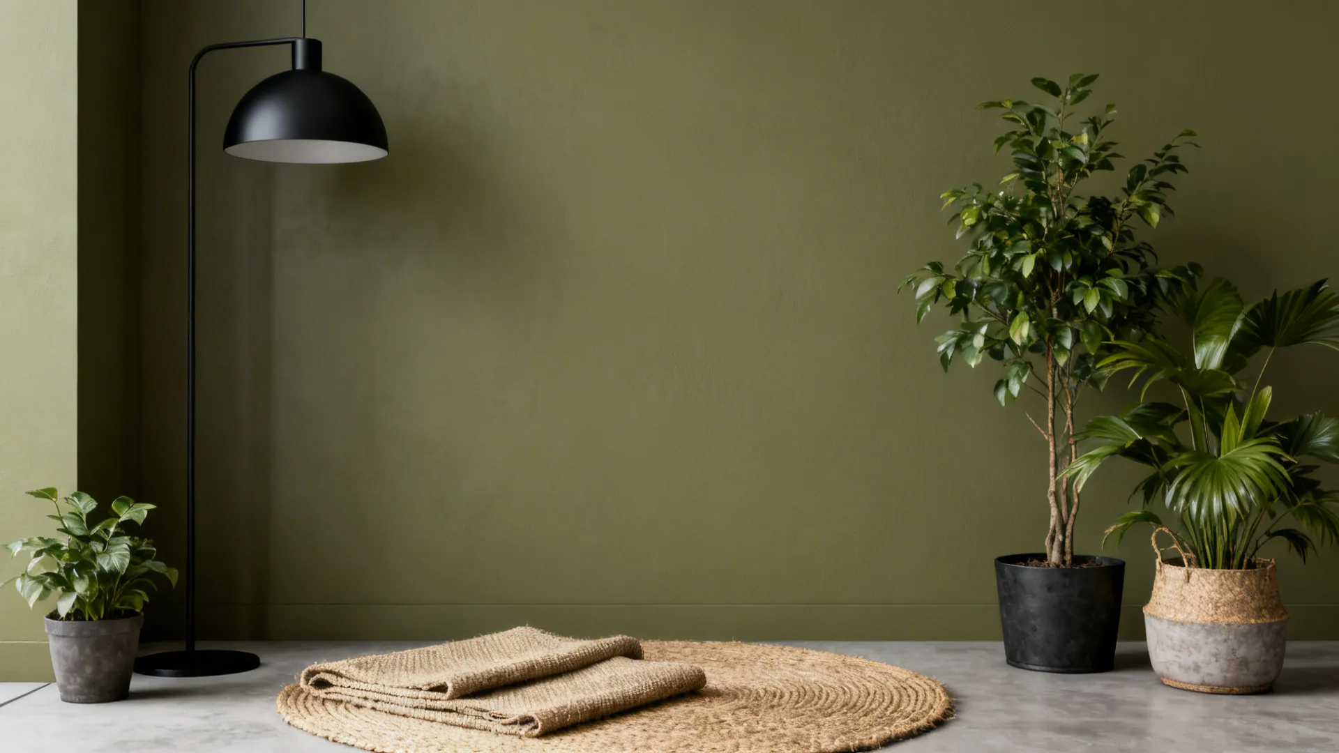 Contemporary small living room with muted olive walls, matte black fixtures, and natural fibers.