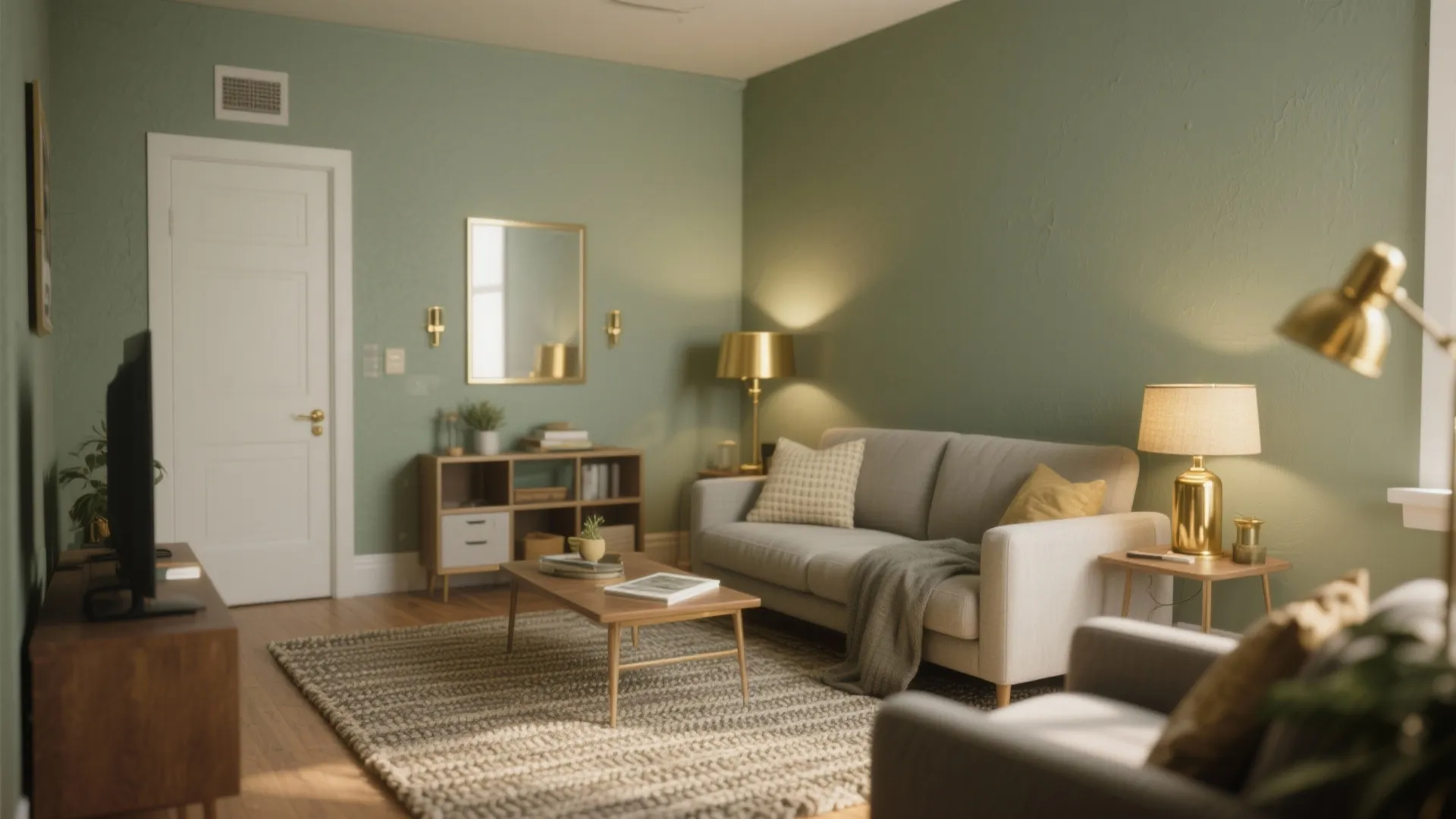 3. Muted Olive + Soft Gold Accessories