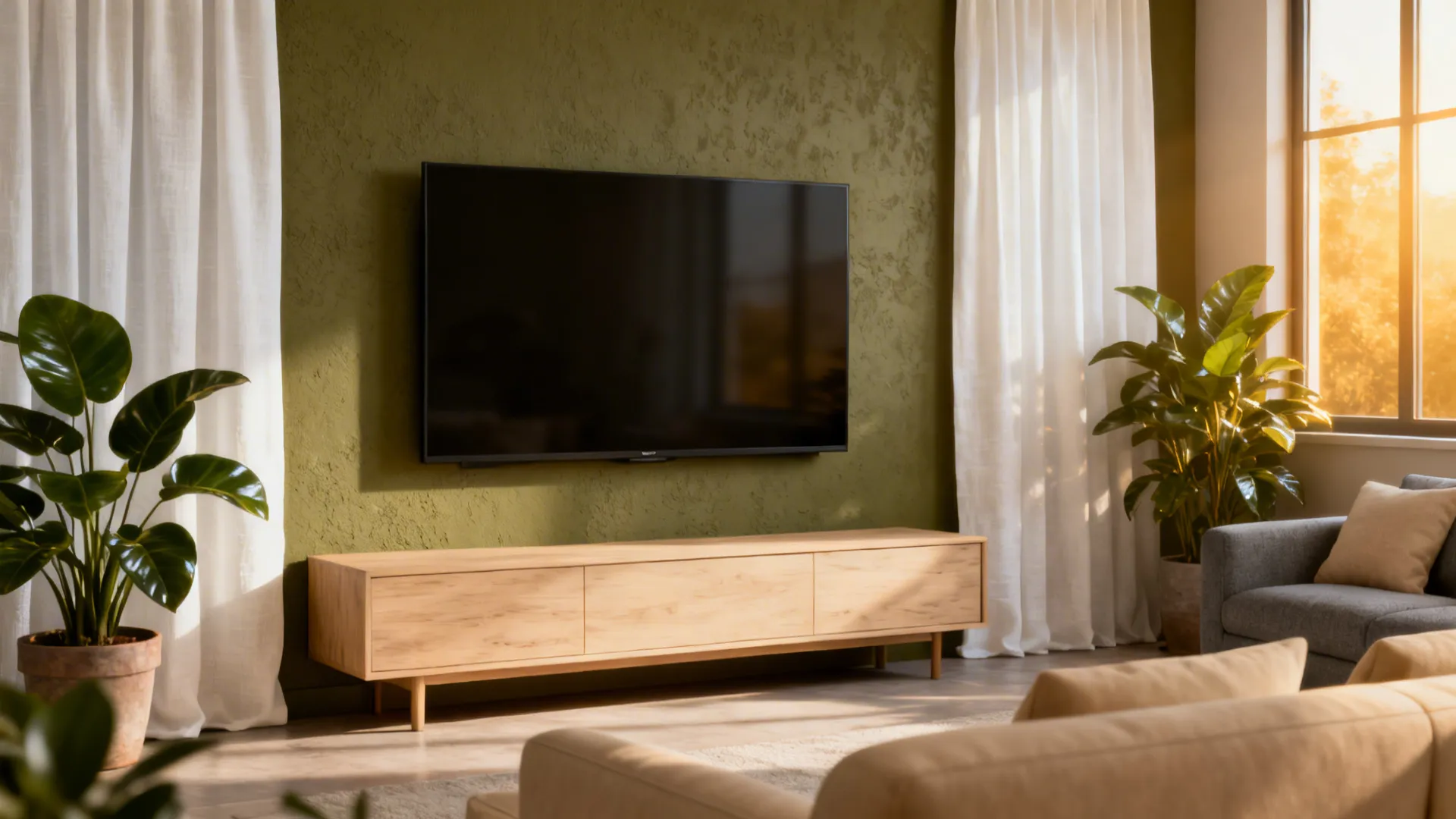Small living area with a muted olive TV wall, pale wood console and plants creating organic calm.
