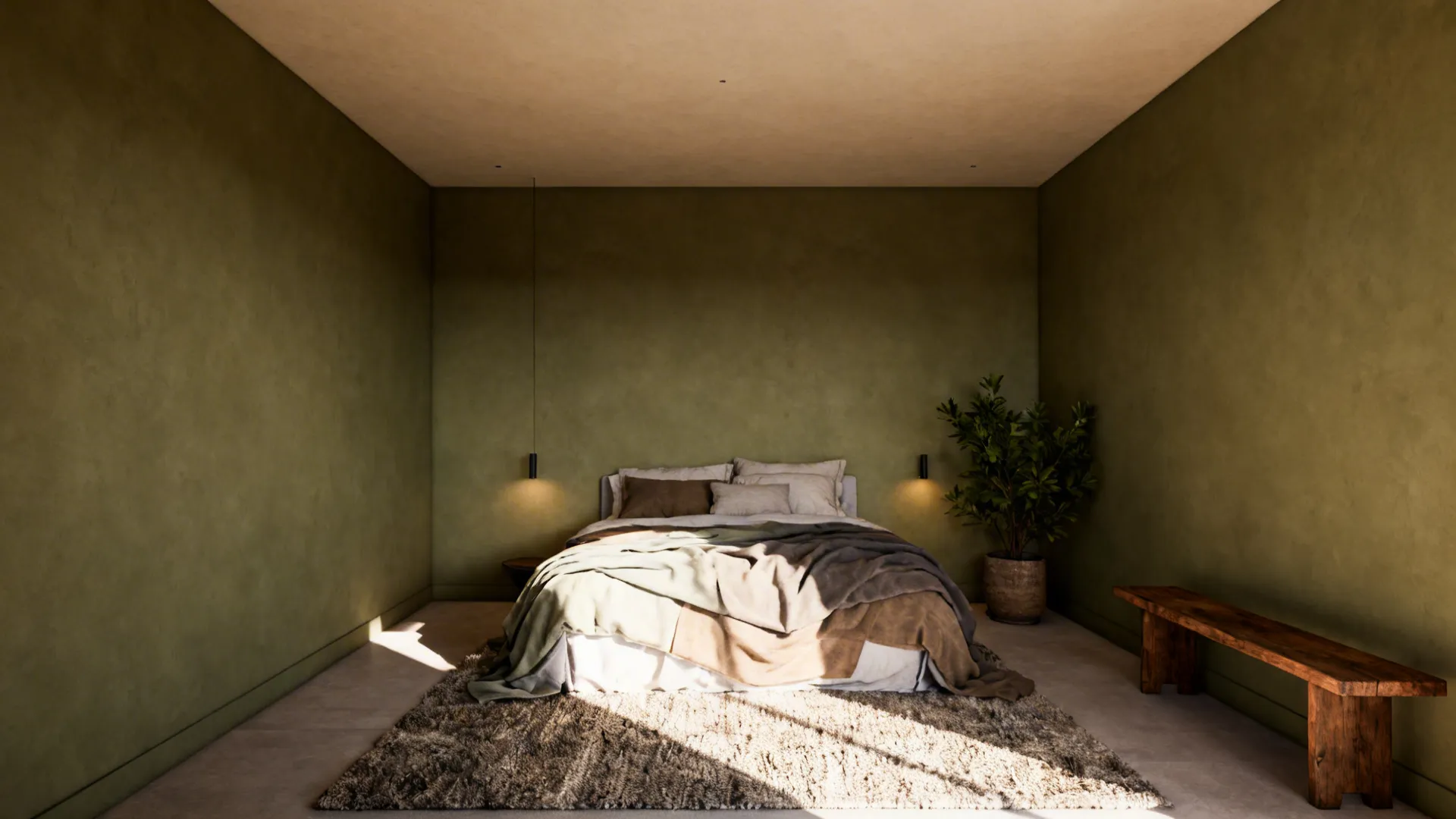 Cozy master bedroom with muted olive-green walls, lighter ceiling, and natural wood accents.