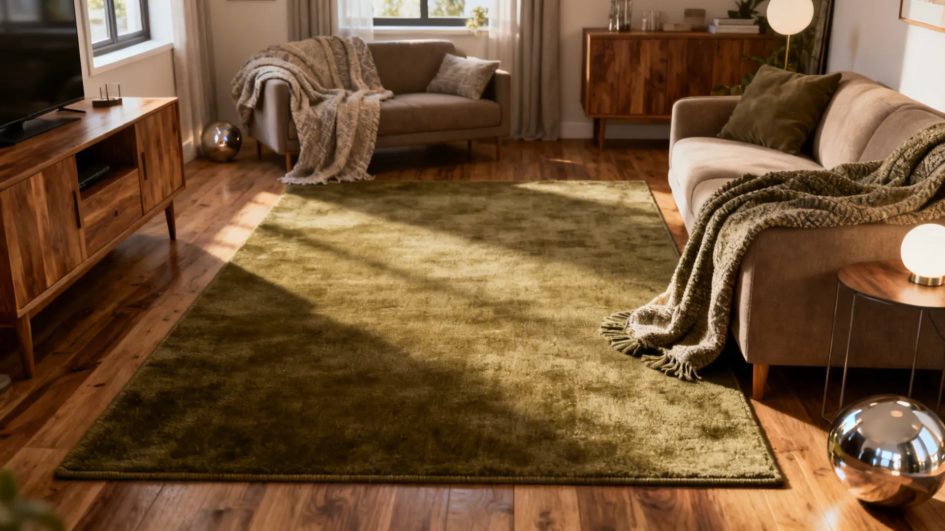 Cozy living area with a large muted olive rug, wood floor and warm accents.